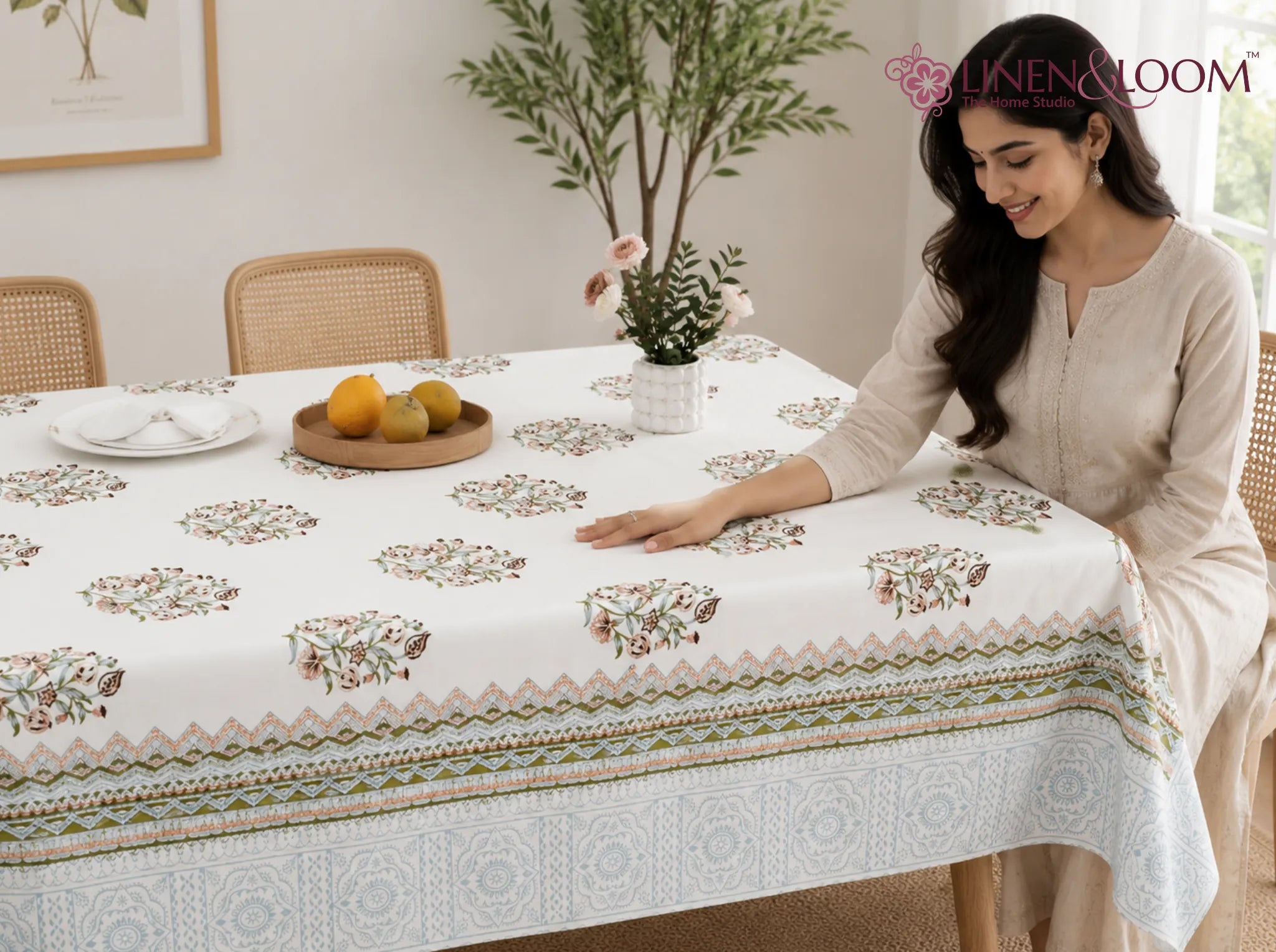 Olive Meadow - Linen & Loom Rajwada Heritage 6-Seater Table Cover | 100% Premium Cotton Slub | 200 TC | 160 GSM | 1.5 x 2.25 Meters