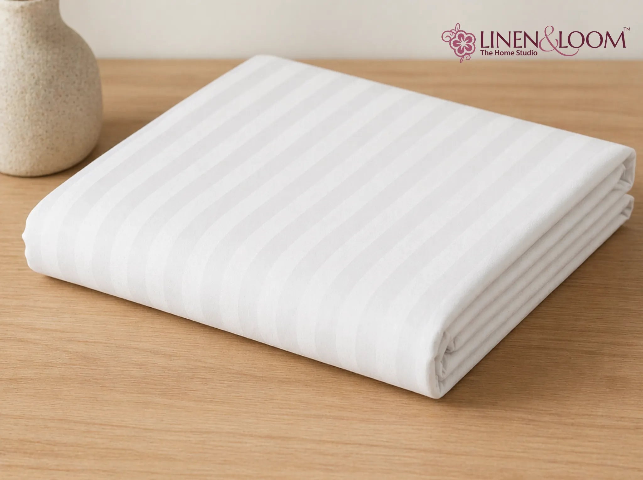 Ivory Cream - Linen & Loom Elegance Series (60x90 inches) Bedsheet with 1 Pillow Cover | Luxury Striped Cotton Blend Bedsheet Set | Soft, Breathable & Hotel-Style Finish | TC 200