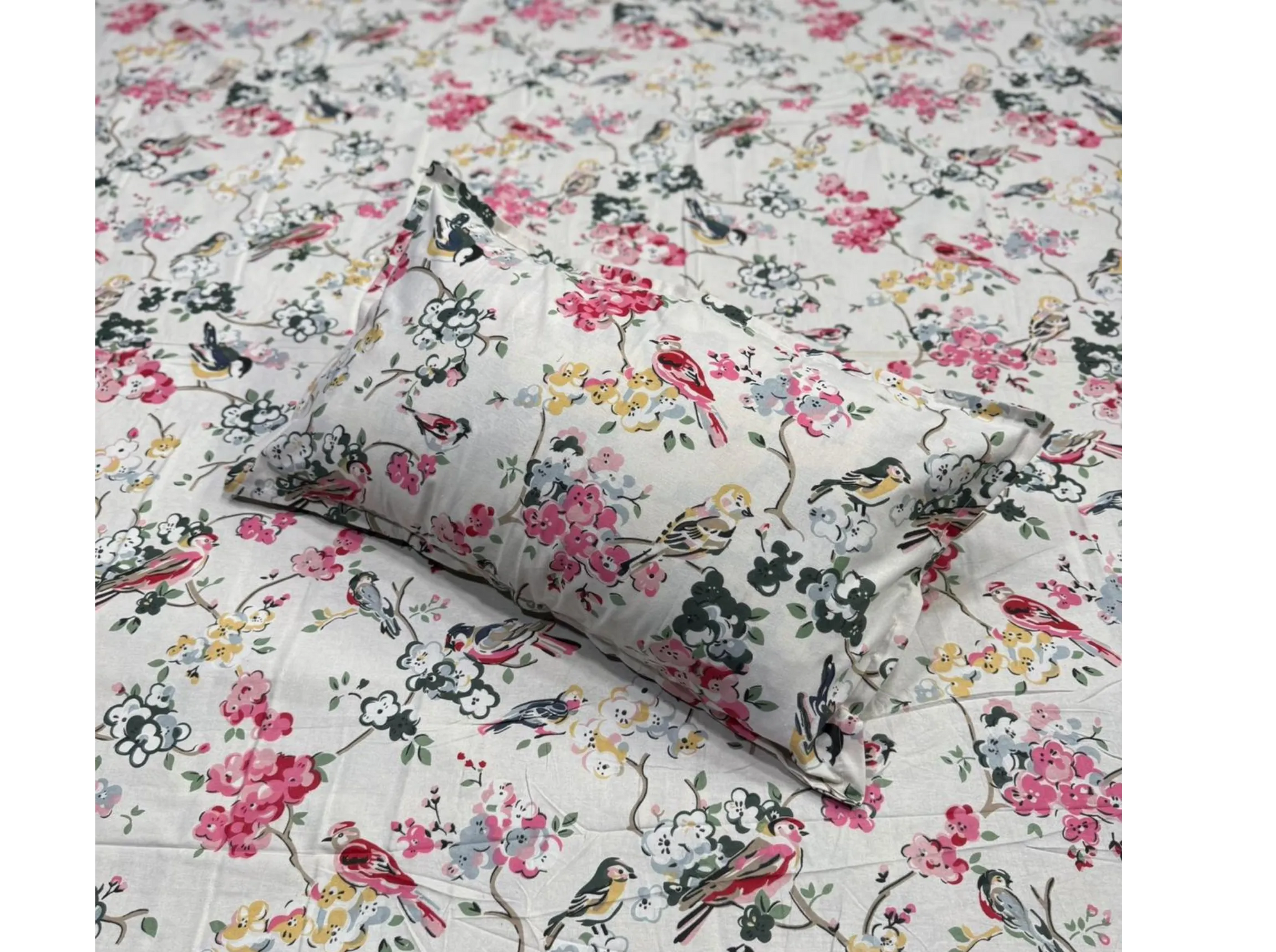 Pink Blossom Aviary - Linen & Loom Natural Collection - Super King (100x108) 100% Pure Cotton Bedsheet with 2 Pillow Covers | Soft Breathable Bedspread for Home Decor | TC 240
