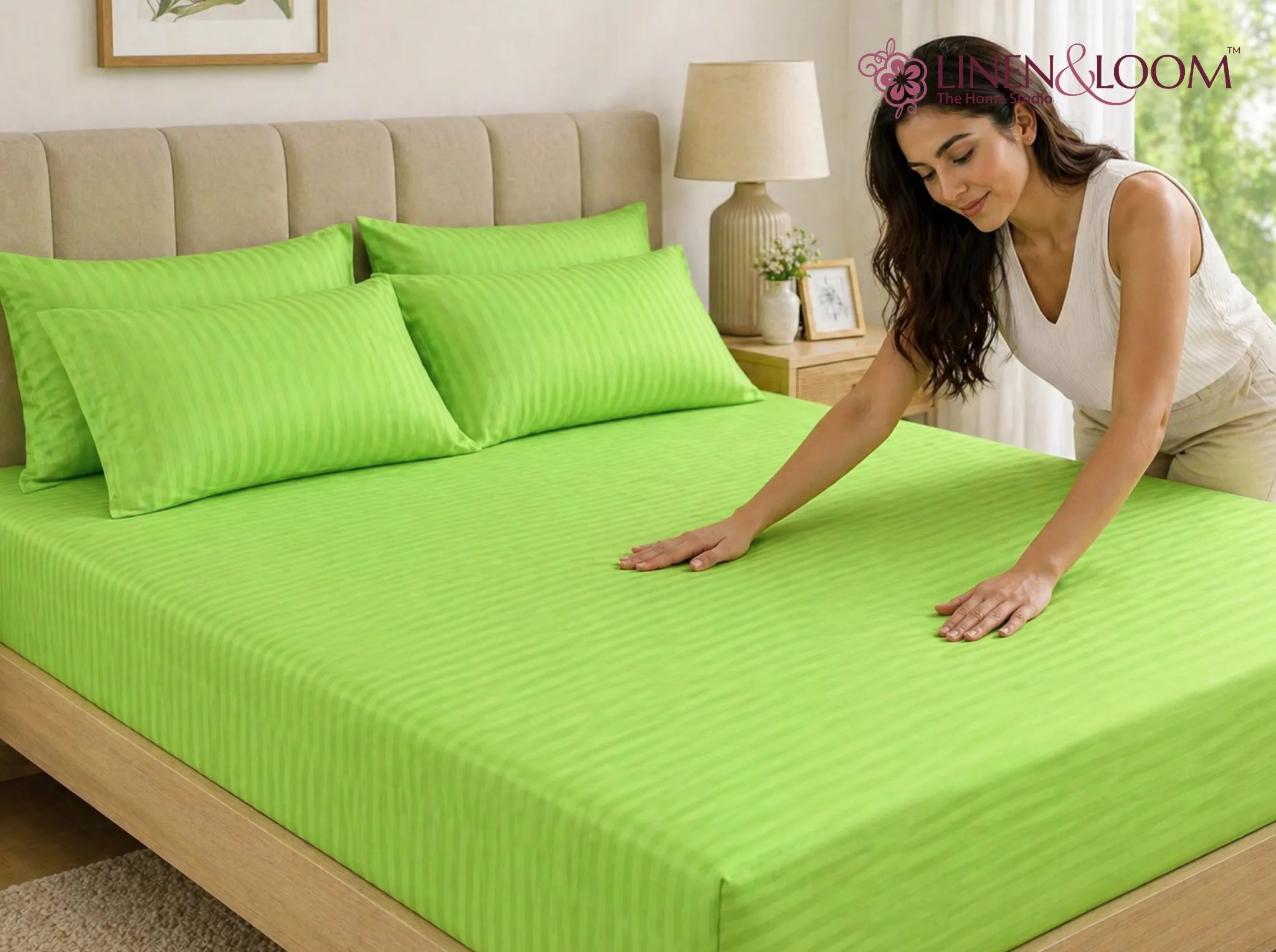 Neon Green - Linen & Loom Elegance King Size 360° Fitted (72X78 + 9 inches) Elasticated Bedsheet | Elegant Satin Stripes | No-Slip Design | Snug, Secure Grip | Fits Upto 8 Inch Mattress | 200 TC