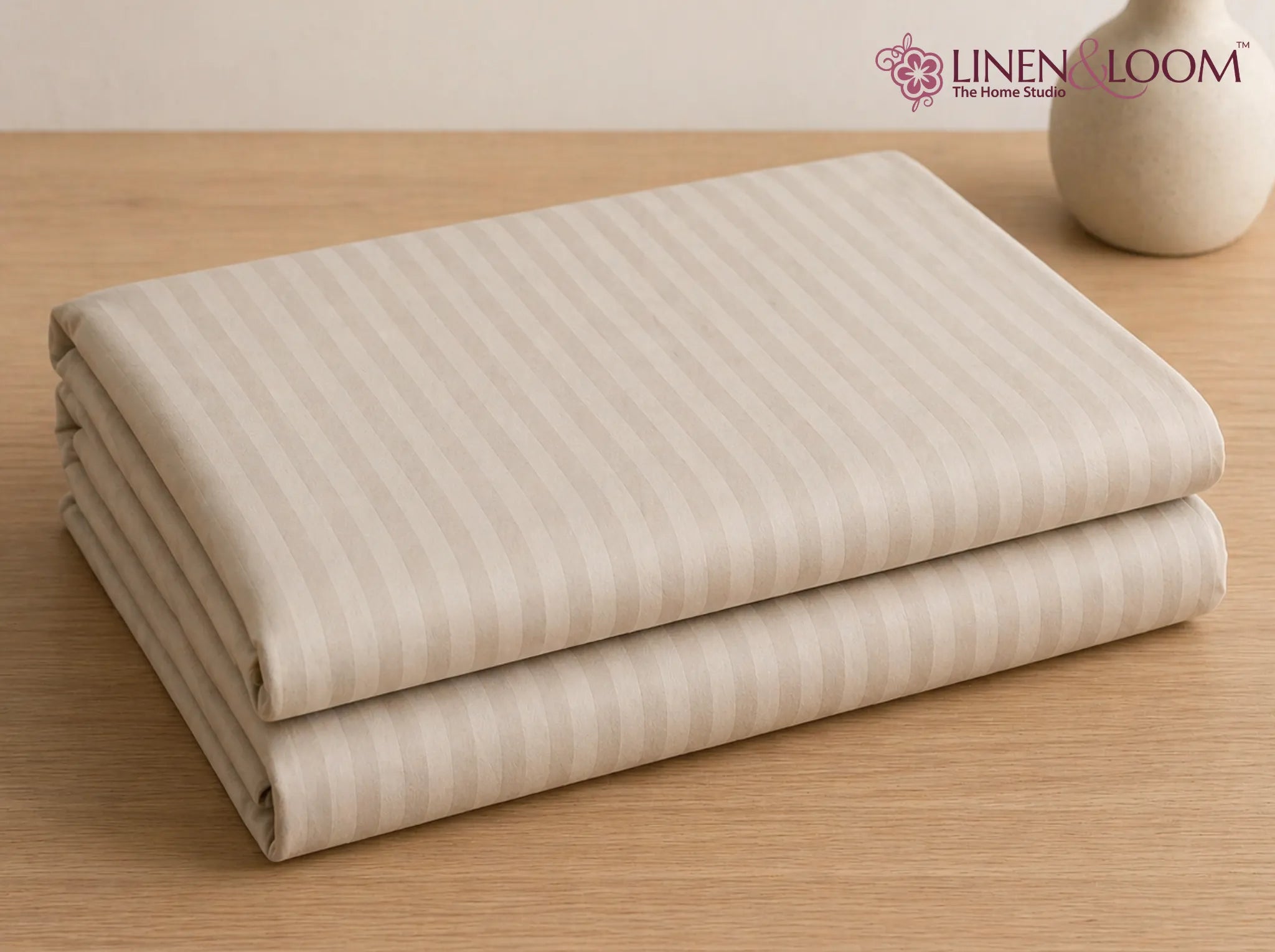 Beige - Linen & Loom Elegance Series (60x90 inches) Bedsheet with 1 Pillow Cover | Luxury Striped Cotton Blend Bedsheet Set | Soft, Breathable & Hotel-Style Finish | TC 200