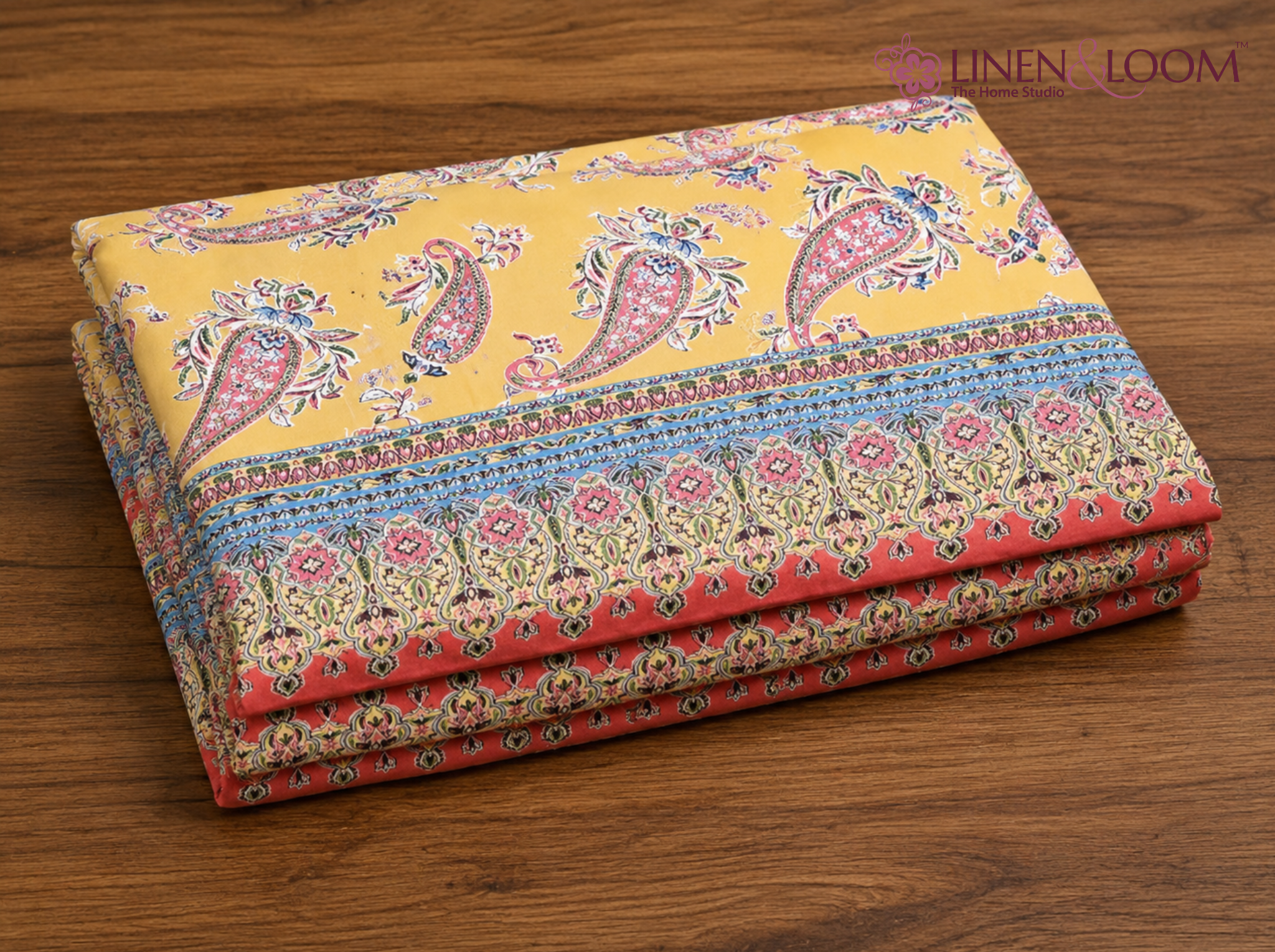 Rajwada Paisley-Yellow — Linen & Loom Maharani Motifs Premium 100% Pure Cotton King Size (90x108) Double Bed Bedsheet with 2 Pillow Covers || Floral Printed Elegant Bedroom Bedding Set || 240 TC