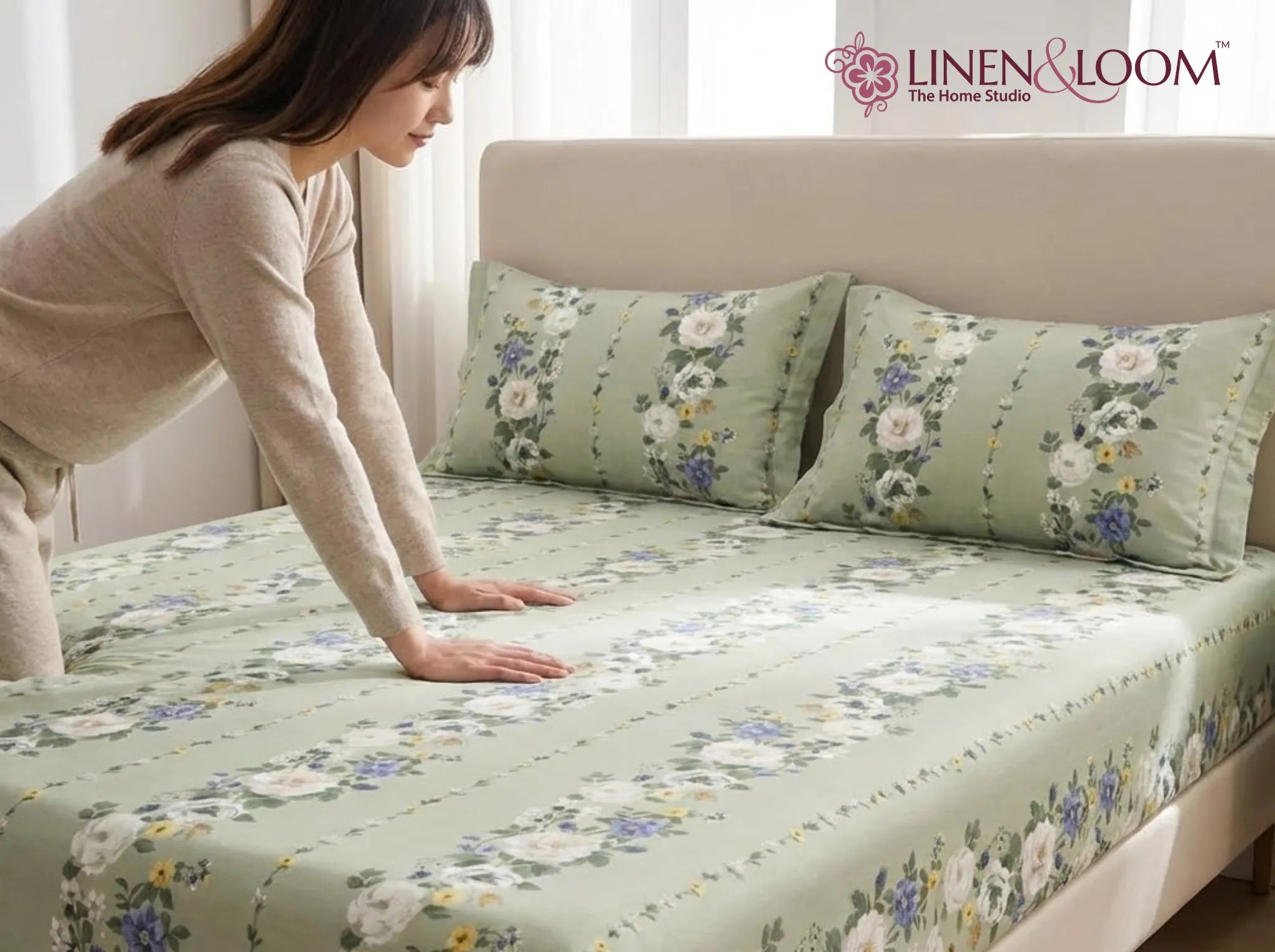 Sage Bloom - Linen & Loom Pure Comfort Series 360° Elastic Fitted Bedsheet | Soft and Comfortable Bed Linen Set for a Cozy Bedroom | 200 TC | King Size 72x78 inches + 9 inches
