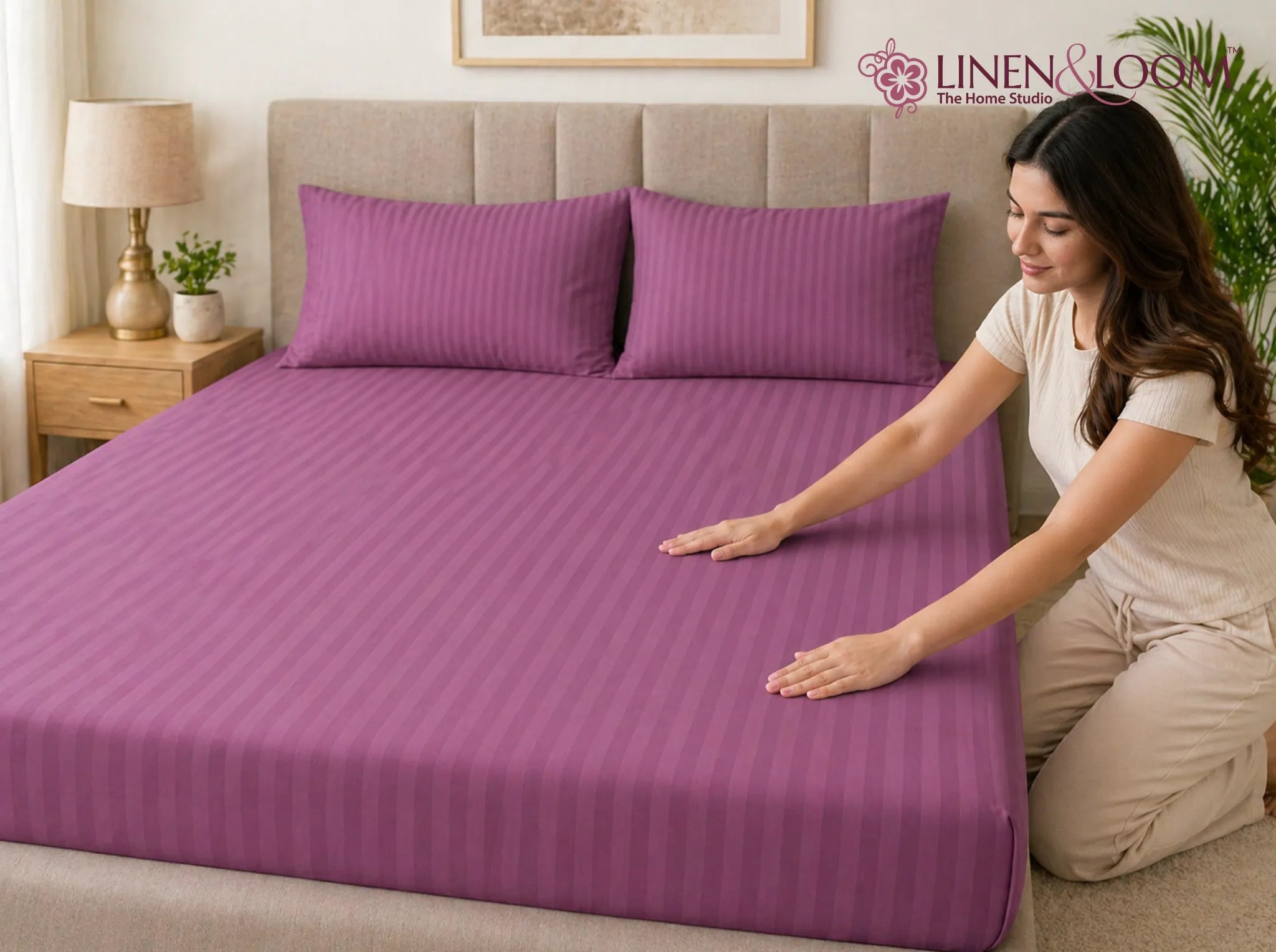 Rose Pink - Linen & Loom Elegance King Size 360° Fitted (72X78 + 9 inches) Elasticated Bedsheet | Elegant Satin Stripes | No-Slip Design | Snug, Secure Grip | Fits Upto 8 Inch Mattress | 200 TC