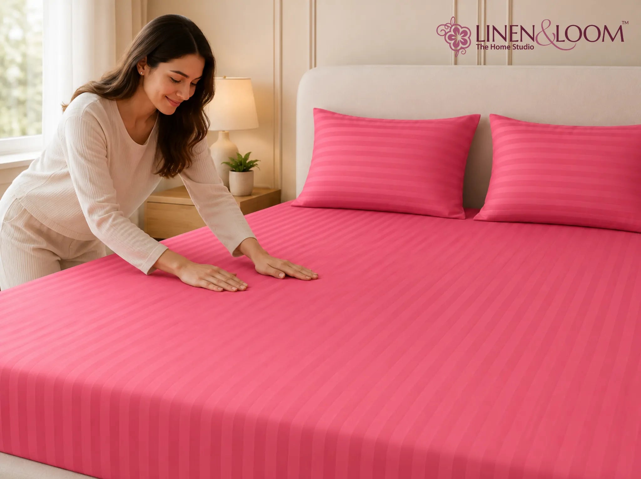 Flamingo Pink - Linen & Loom Elegance King Size 360° Fitted (72X78 + 9 inches) Elasticated Bedsheet | Elegant Satin Stripes | No-Slip Design | Snug, Secure Grip | Fits Upto 8 Inch Mattress | 200 TC