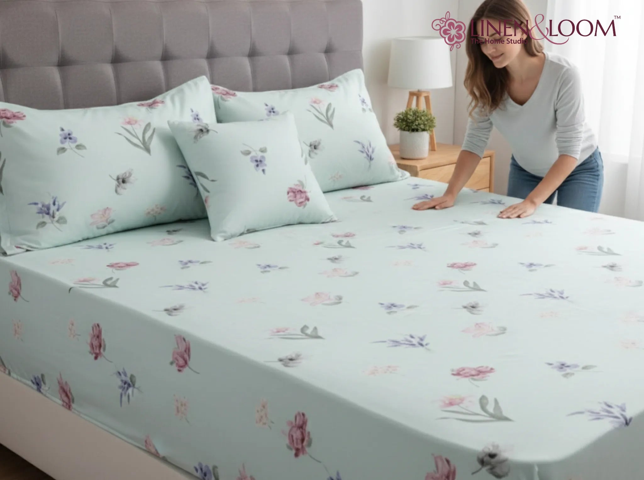Spring Whispers - Linen & Loom Pure Comfort Series 360° Elastic Fitted Bedsheet | Soft and Comfortable Bed Linen Set for a Cozy Bedroom | 200 TC | King Size 72x78 inches + 9 inches