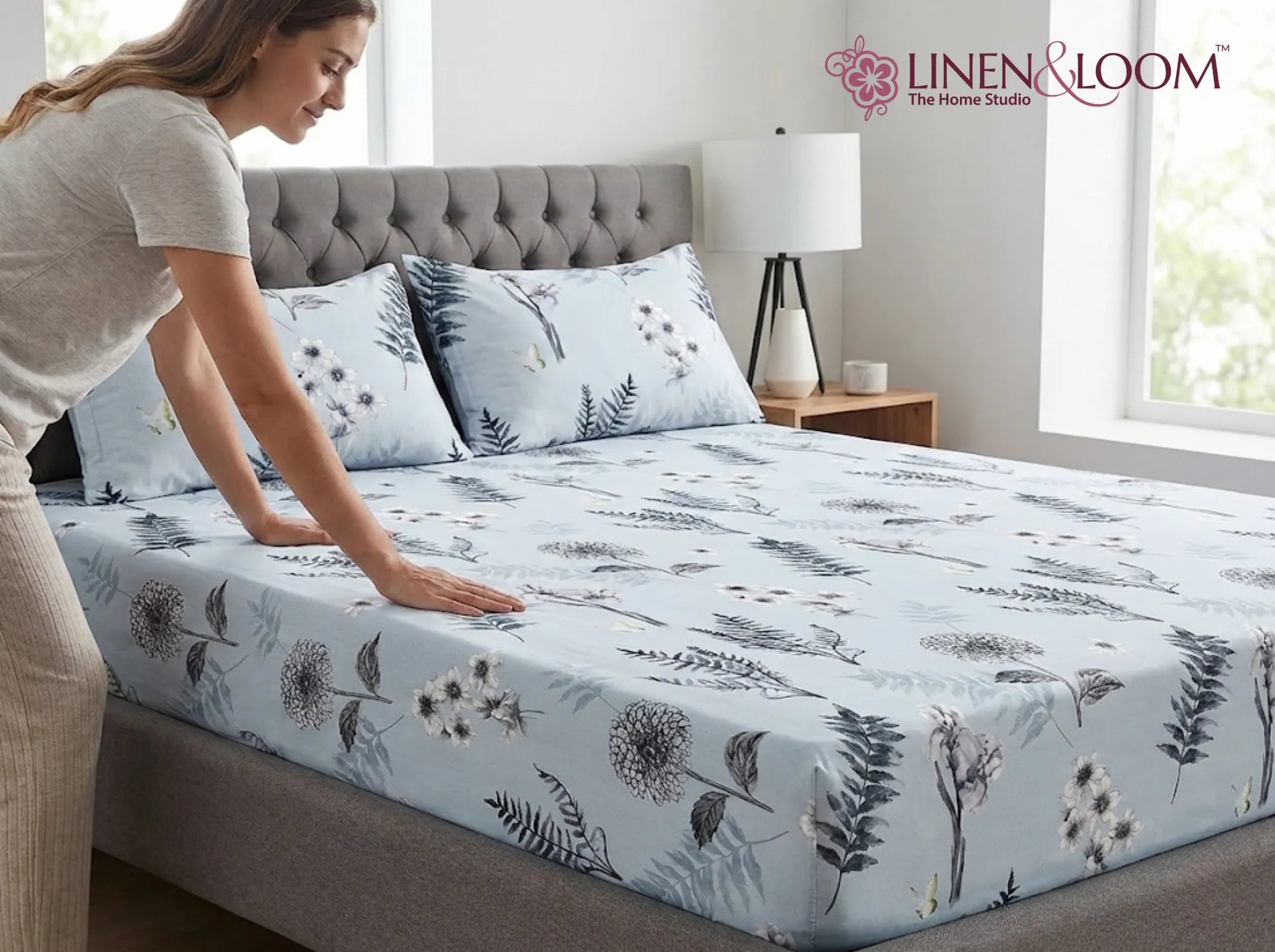 Frosted Fern - Linen & Loom Pure Comfort Series 360° Elastic Fitted Bedsheet | Soft and Comfortable Bed Linen Set for a Cozy Bedroom | 200 TC | King Size 72x78 inches + 9 inches