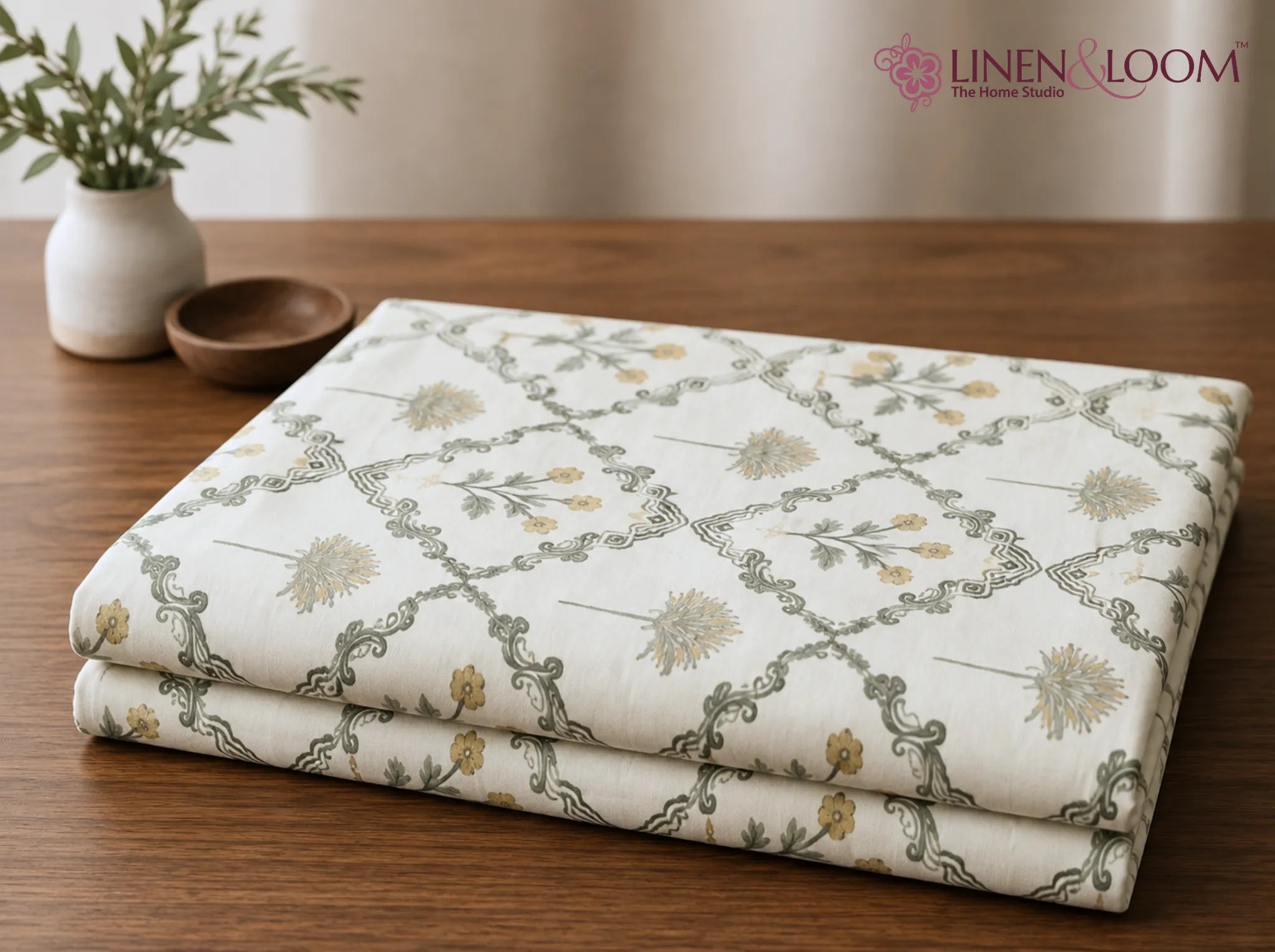 Regal Mustard Garden - Linen & Loom Natural Collection - Super King (100x108) 100% Pure Cotton Bedsheet with 2 Pillow Covers | Soft Breathable Bedspread for Home Decor | TC 240