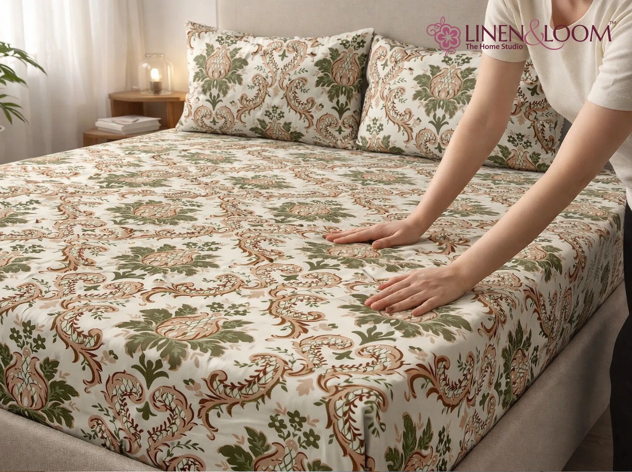 Verdant Heirloom - Linen & Loom Pure Comfort Series 360° Elastic Fitted Bedsheet | Soft and Comfortable Bed Linen Set for a Cozy Bedroom | 200 TC | King Size 72x78 inches + 9 inches