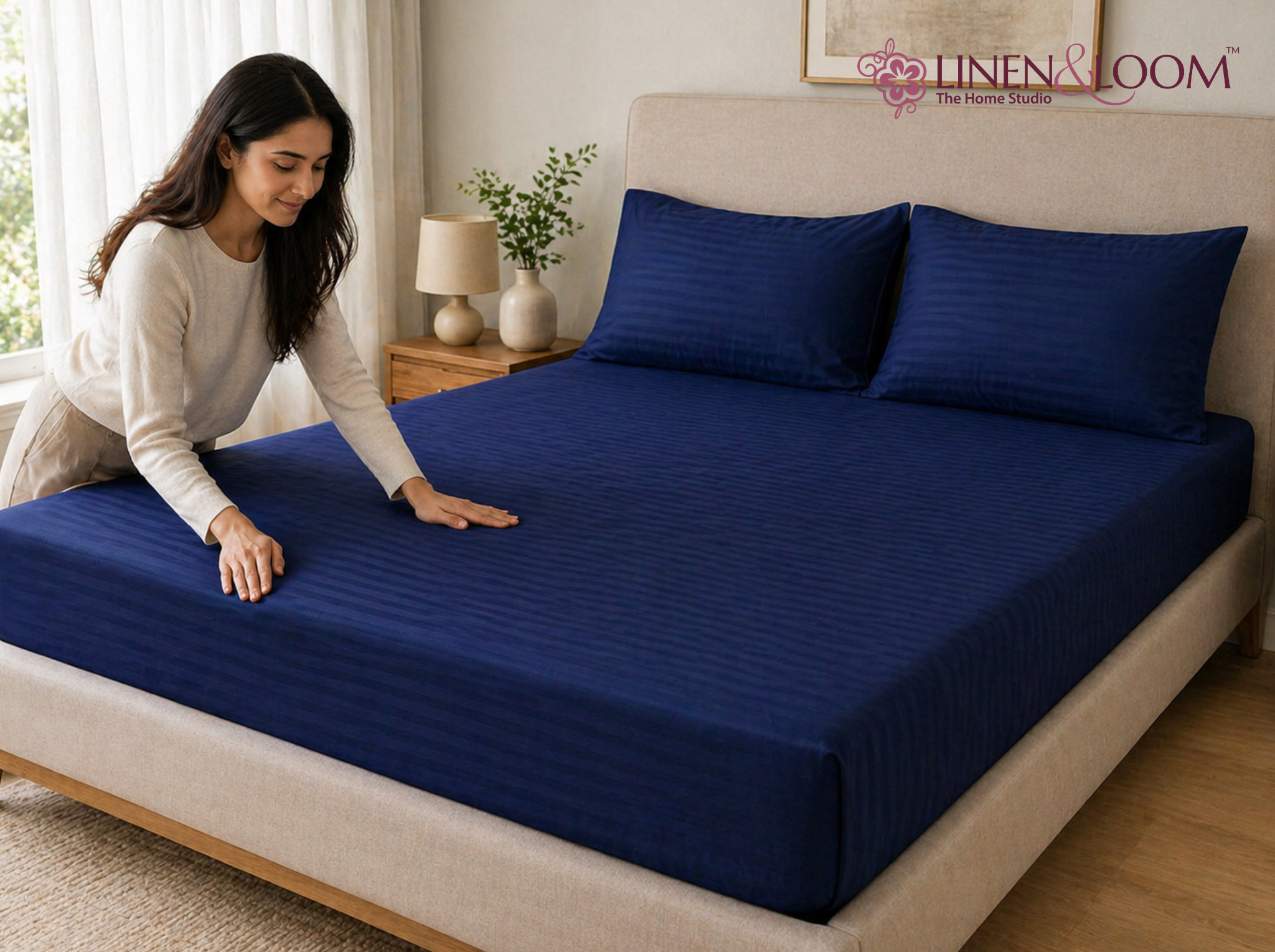 Navy Blue - Linen & Loom Elegance King Size 360° Fitted (72X78 + 9 inches) Elasticated Bedsheet | Elegant Satin Stripes | No-Slip Design | Snug, Secure Grip | Fits Upto 8 Inch Mattress | 200 TC