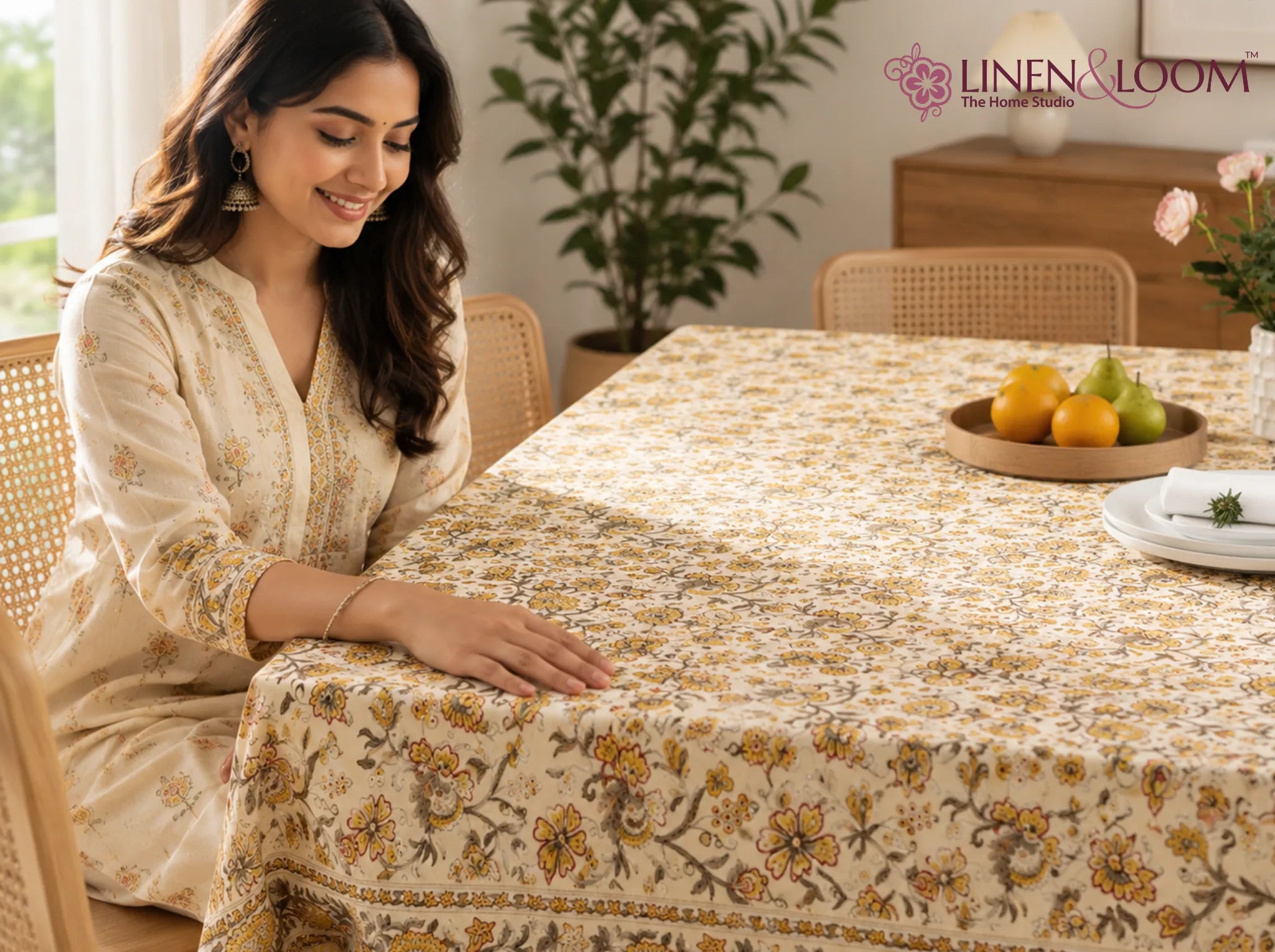 Amber Heritage - Linen & Loom Rajwada Heritage 6-Seater Table Cover | 100% Premium Cotton Slub | 200 TC | 160 GSM | 1.5 x 2.25 Meters
