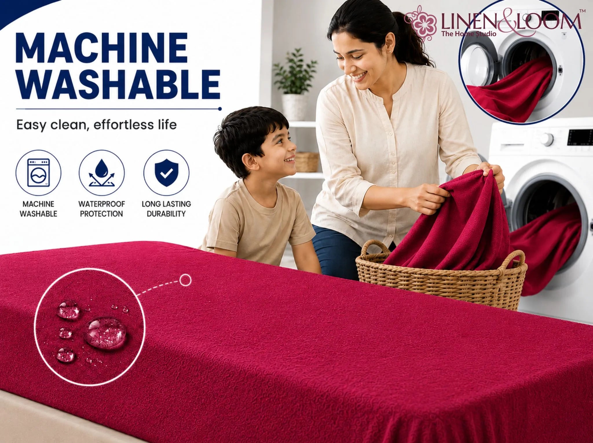 Maroon - Linen & Loom Premium Mattress Protector | King Size (72 x 78 Inches) | Waterproof Fitted Mattress Cover