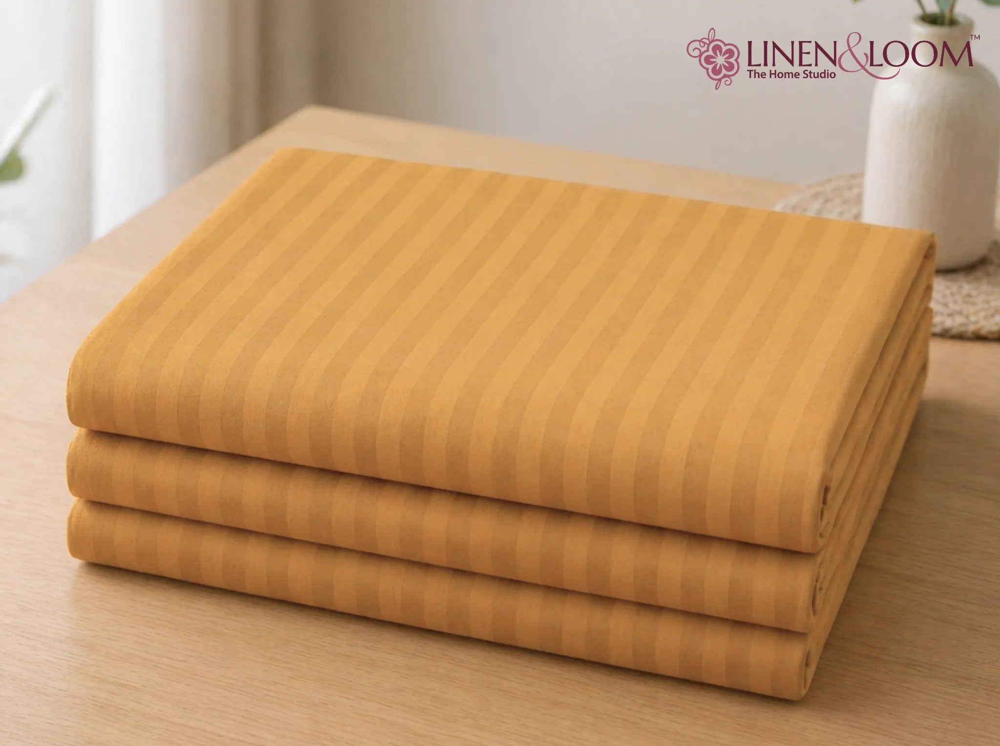 Yellow - Linen & Loom Elegance Series (60x90 inches) Bedsheet with 1 Pillow Cover | Luxury Striped Cotton Blend Bedsheet Set | Soft, Breathable & Hotel-Style Finish | TC 200