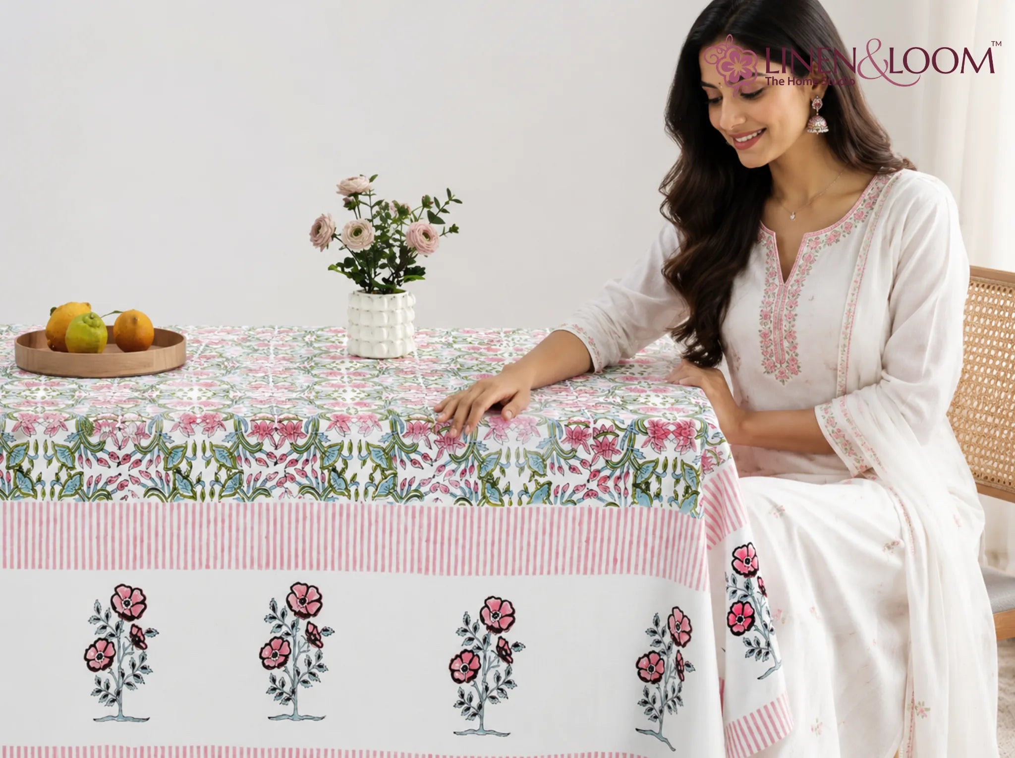 Rose Meadow - Linen & Loom Rajwada Heritage 6-Seater Table Cover | 100% Premium Cotton Slub | 200 TC | 160 GSM | 1.5 x 2.25 Meters