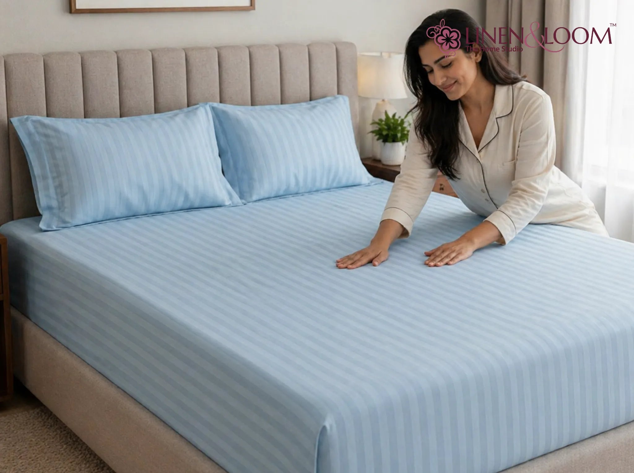 Light Blue - Linen & Loom Elegance King Size 360° Fitted (72X78 + 9 inches) Elasticated Bedsheet | Elegant Satin Stripes | No-Slip Design | Snug, Secure Grip | Fits Upto 8 Inch Mattress | 200 TC