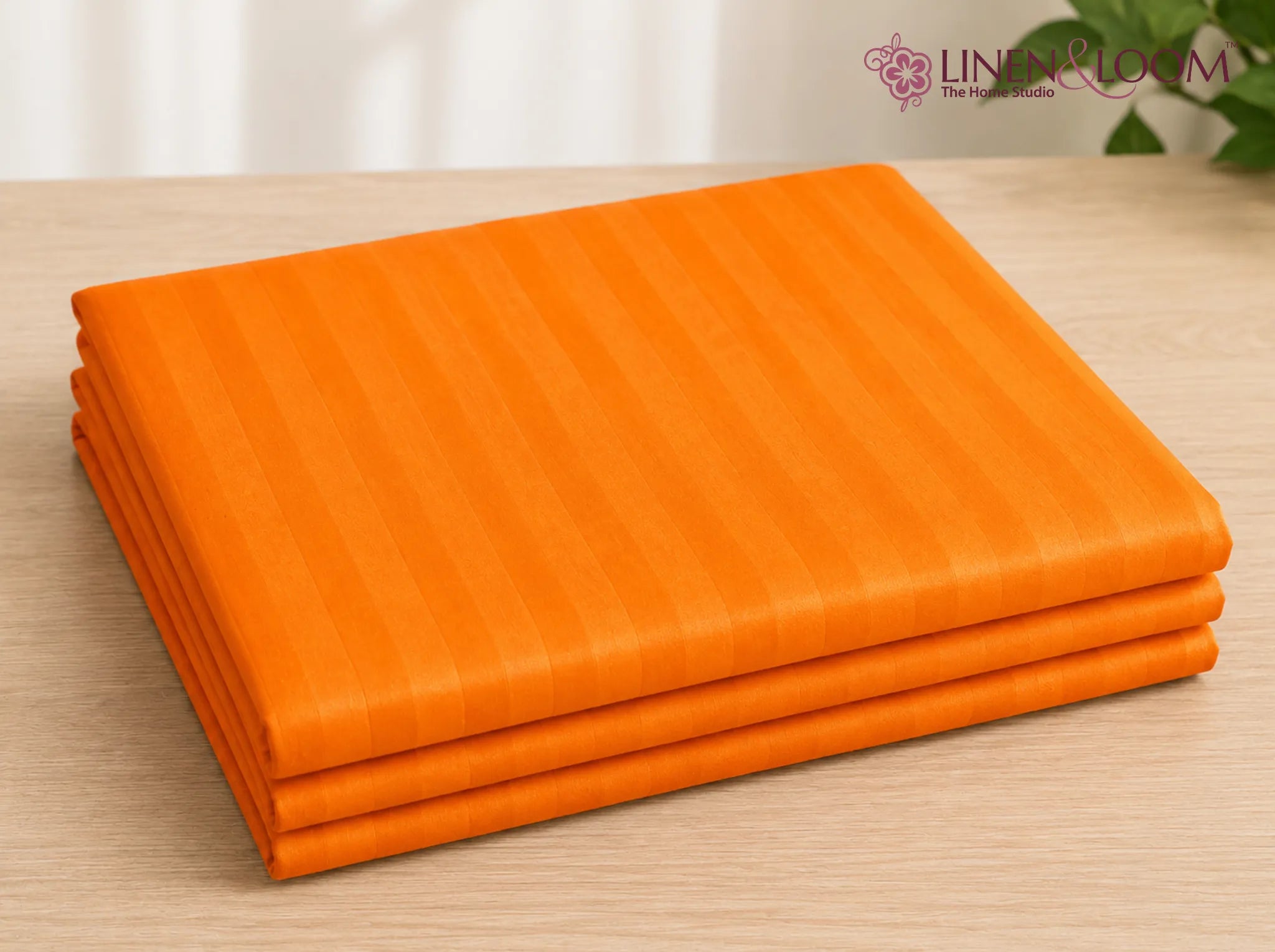 Orange - Linen & Loom Elegance Series (60x90 inches) Bedsheet with 1 Pillow Cover | Luxury Striped Cotton Blend Bedsheet Set | Soft, Breathable & Hotel-Style Finish | TC 200