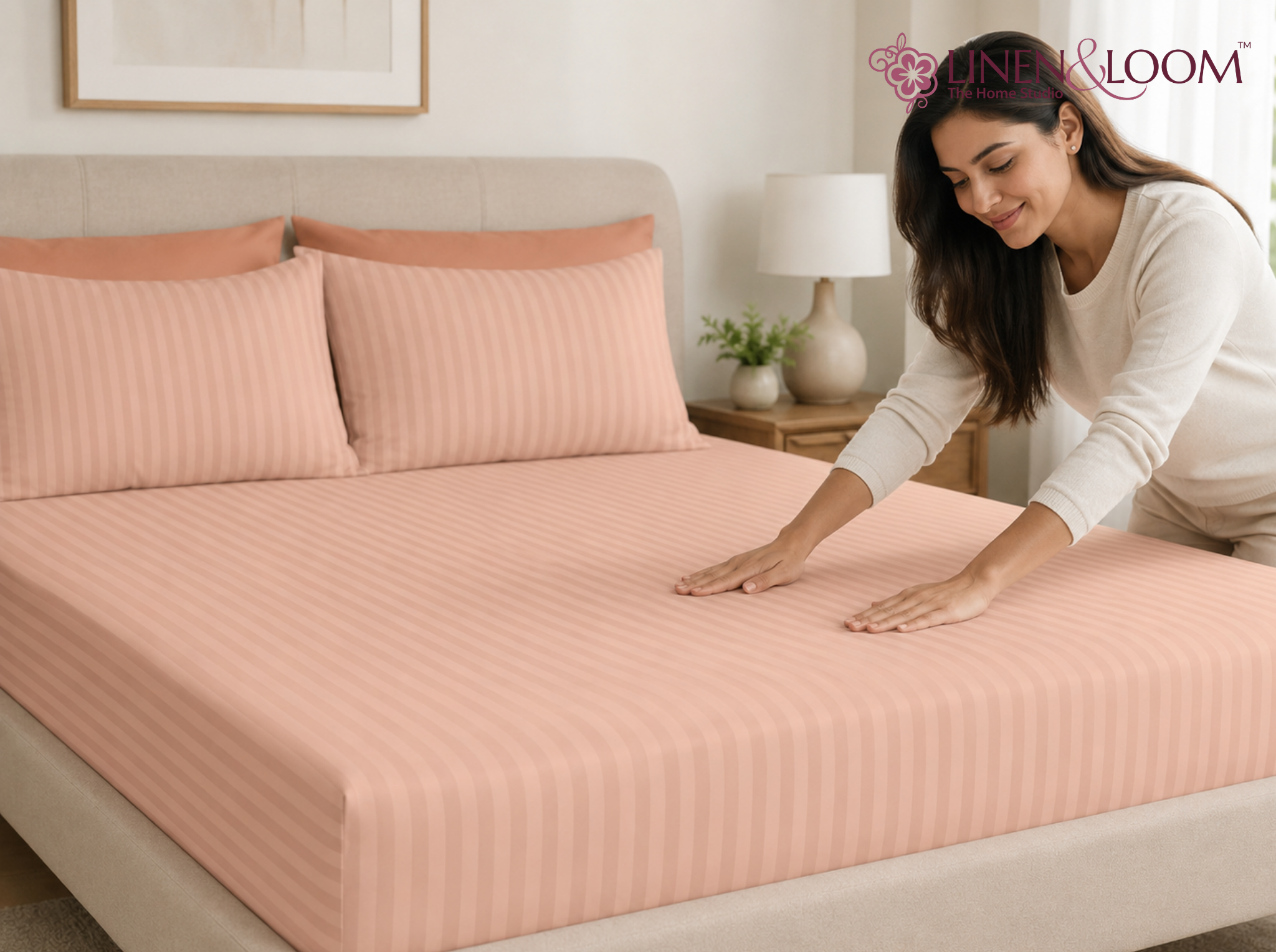 Peach - Linen & Loom Elegance King Size 360° Fitted (72X78 + 9 inches) Elasticated Bedsheet | Elegant Satin Stripes | No-Slip Design | Snug, Secure Grip | Fits Upto 8 Inch Mattress | 200 TC