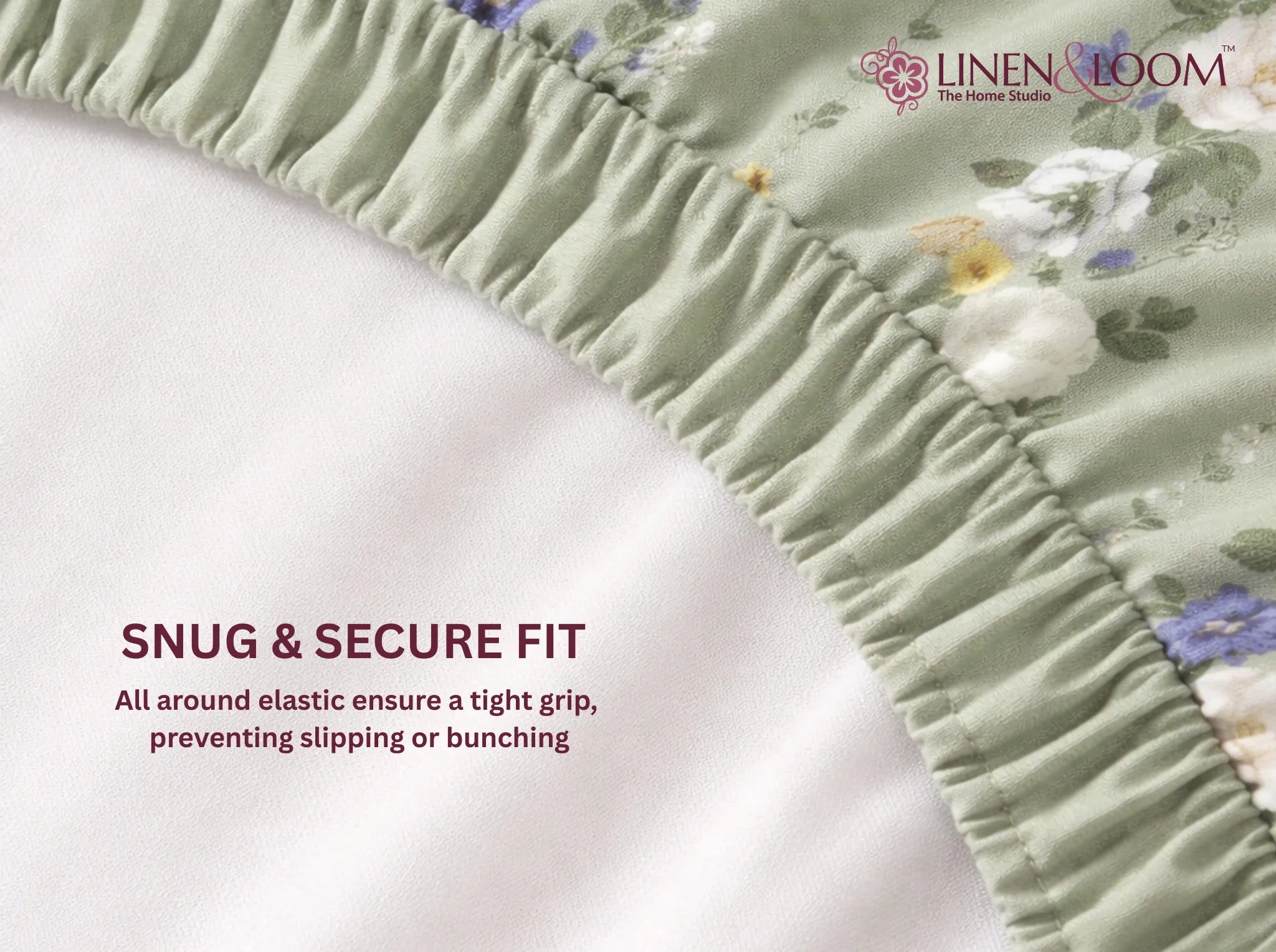 Sage Bloom - Linen & Loom Pure Comfort Series 360° Elastic Fitted Bedsheet | Soft and Comfortable Bed Linen Set for a Cozy Bedroom | 200 TC | King Size 72x78 inches + 9 inches