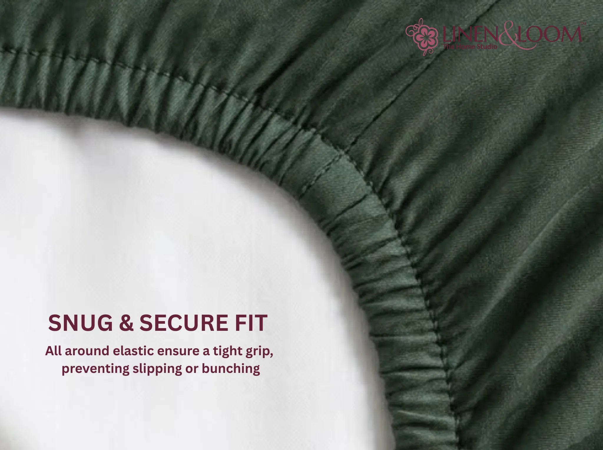 Mediterranean Green - Linen & Loom Elegance King Size 360° Fitted (72X78 + 9 inches) Elasticated Bedsheet | Elegant Satin Stripes | No-Slip Design | Snug, Secure Grip | Fits Upto 8 Inch Mattress | 200 TC