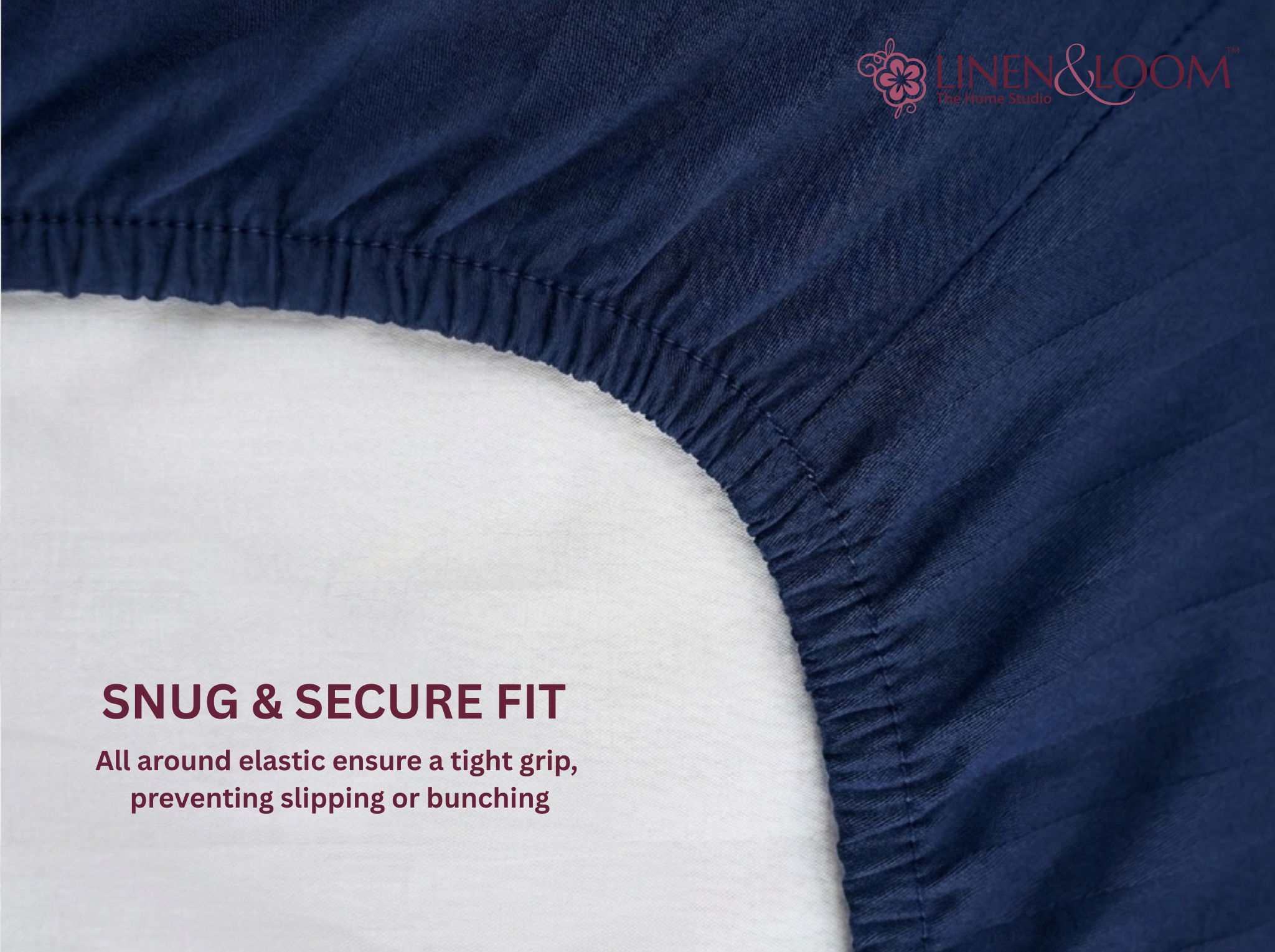Navy Blue - Linen & Loom Elegance King Size 360° Fitted (72X78 + 9 inches) Elasticated Bedsheet | Elegant Satin Stripes | No-Slip Design | Snug, Secure Grip | Fits Upto 8 Inch Mattress | 200 TC