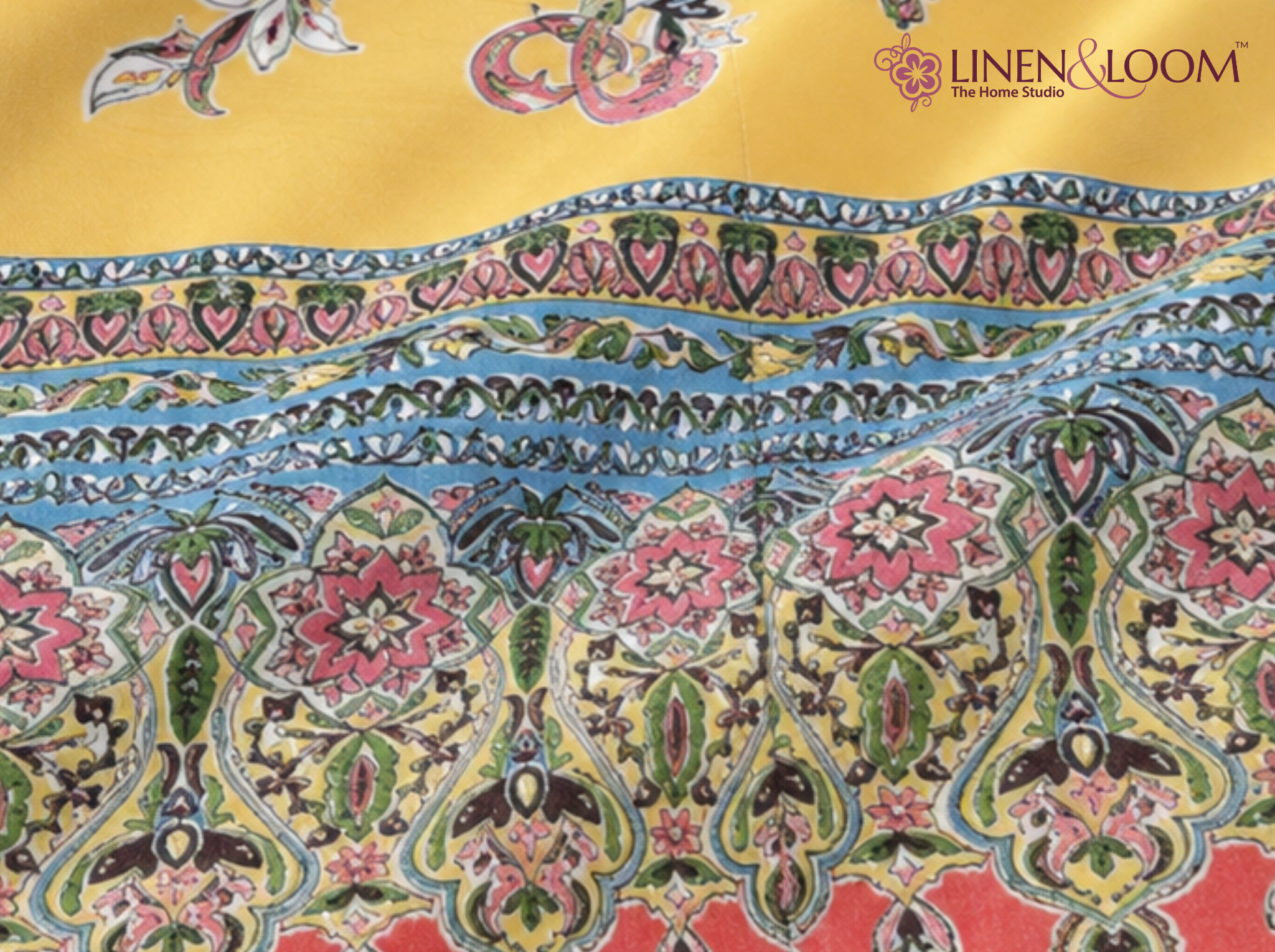 Rajwada Paisley-Yellow — Linen & Loom Maharani Motifs Premium 100% Pure Cotton King Size (90x108) Double Bed Bedsheet with 2 Pillow Covers || Floral Printed Elegant Bedroom Bedding Set || 240 TC