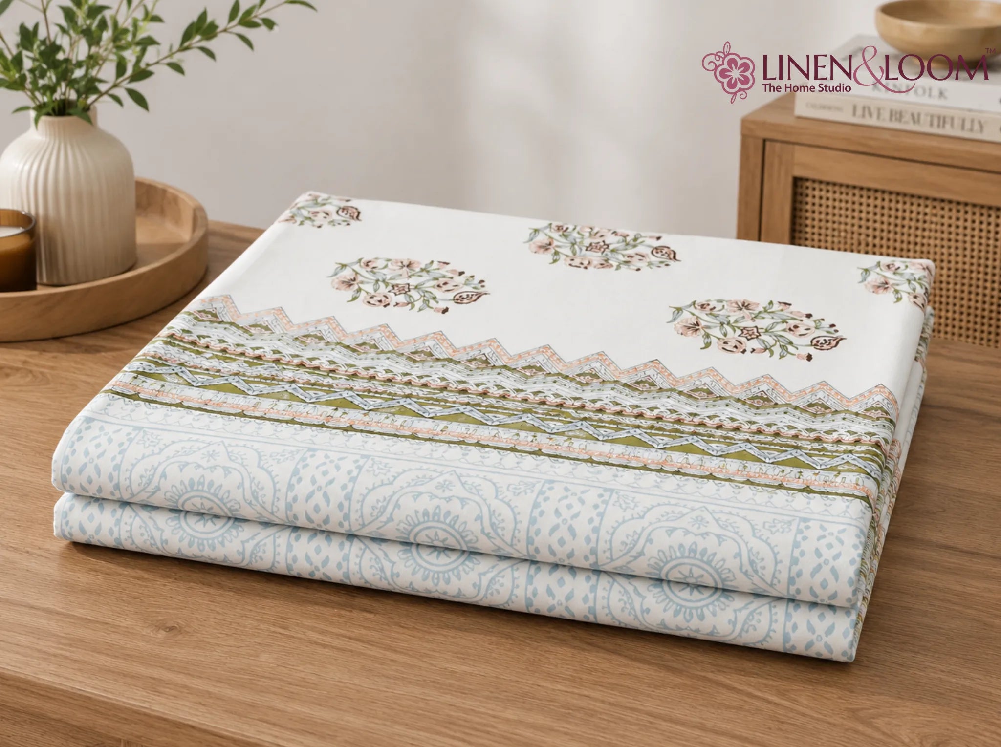 Olive Meadow - Linen & Loom Rajwada Heritage 6-Seater Table Cover | 100% Premium Cotton Slub | 200 TC | 160 GSM | 1.5 x 2.25 Meters