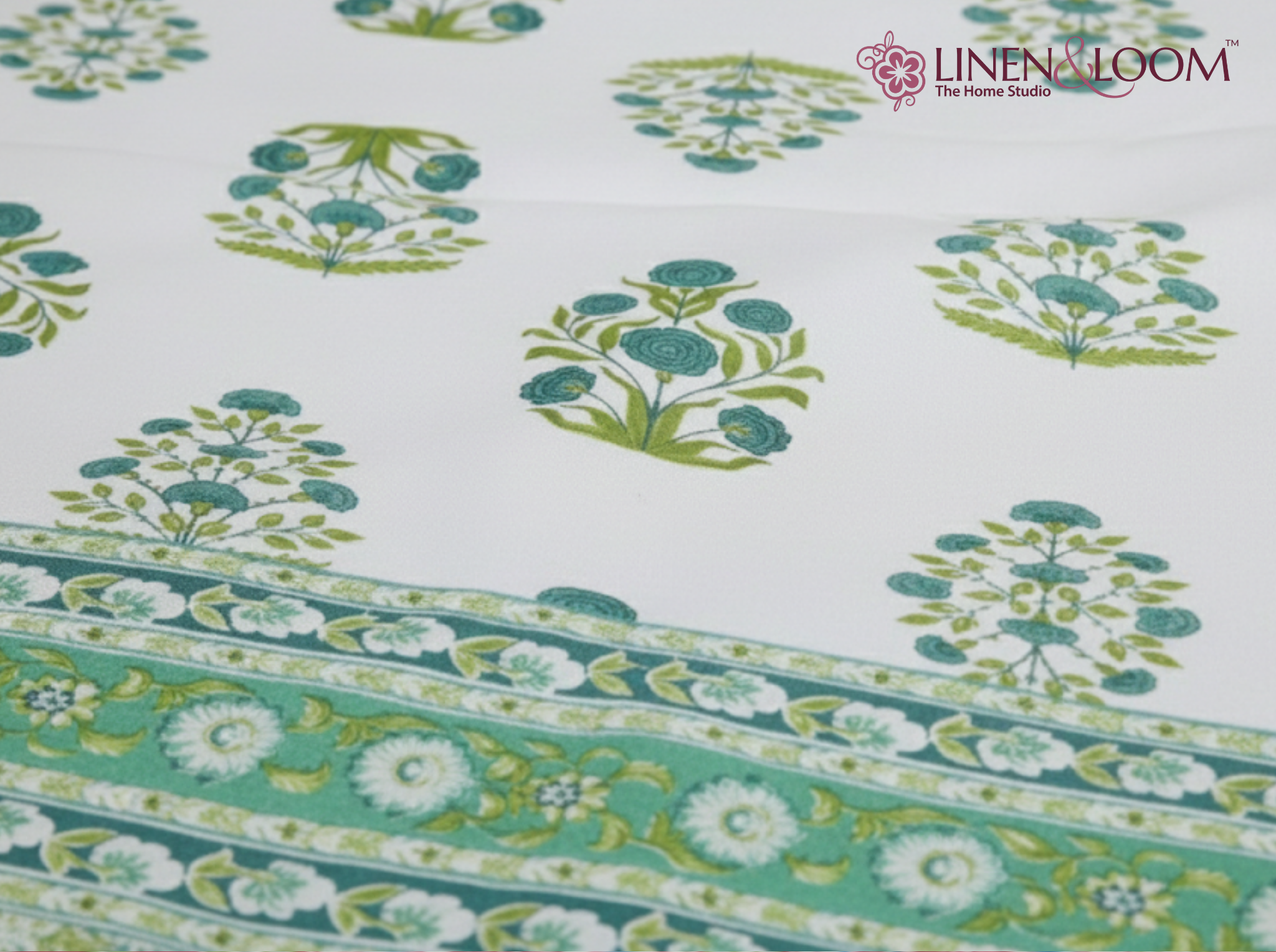 Gulshan Royale-Green — Linen & Loom Maharani Motifs Premium 100% Pure Cotton King Size (90x108) Double Bed Bedsheet with 2 Pillow Covers || Floral Printed Elegant Bedroom Bedding Set || 240 TC