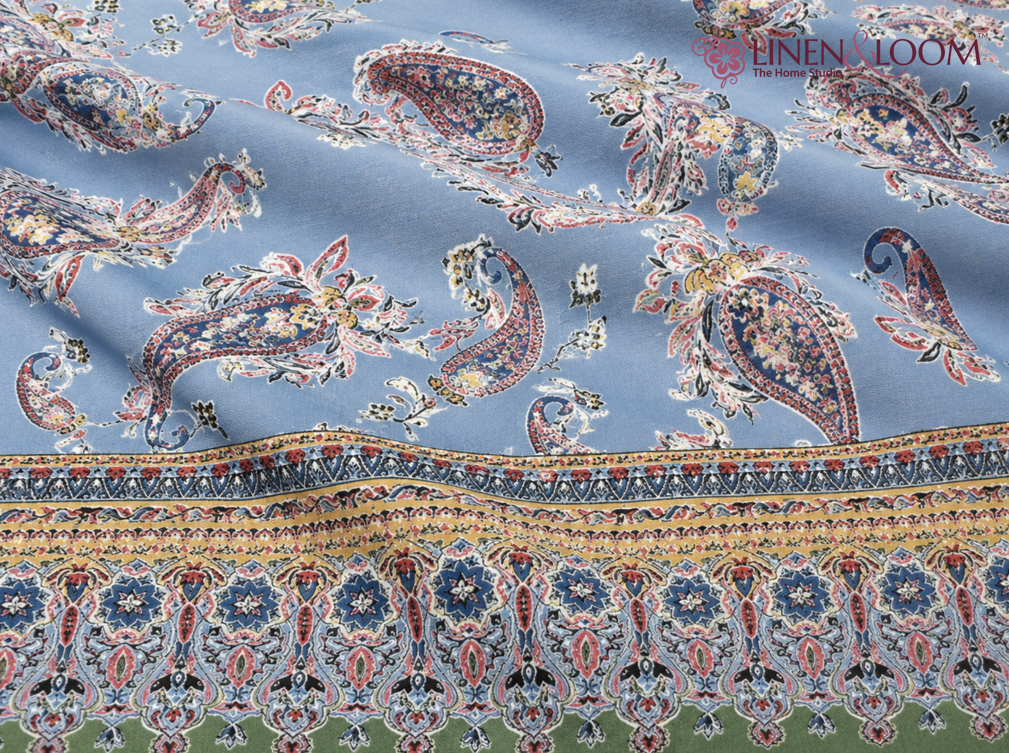 Rajwada Paisley-Blue — Linen & Loom Maharani Motifs Premium 100% Pure Cotton King Size (90x108) Double Bed Bedsheet with 2 Pillow Covers || Floral Printed Elegant Bedroom Bedding Set || 240 TC