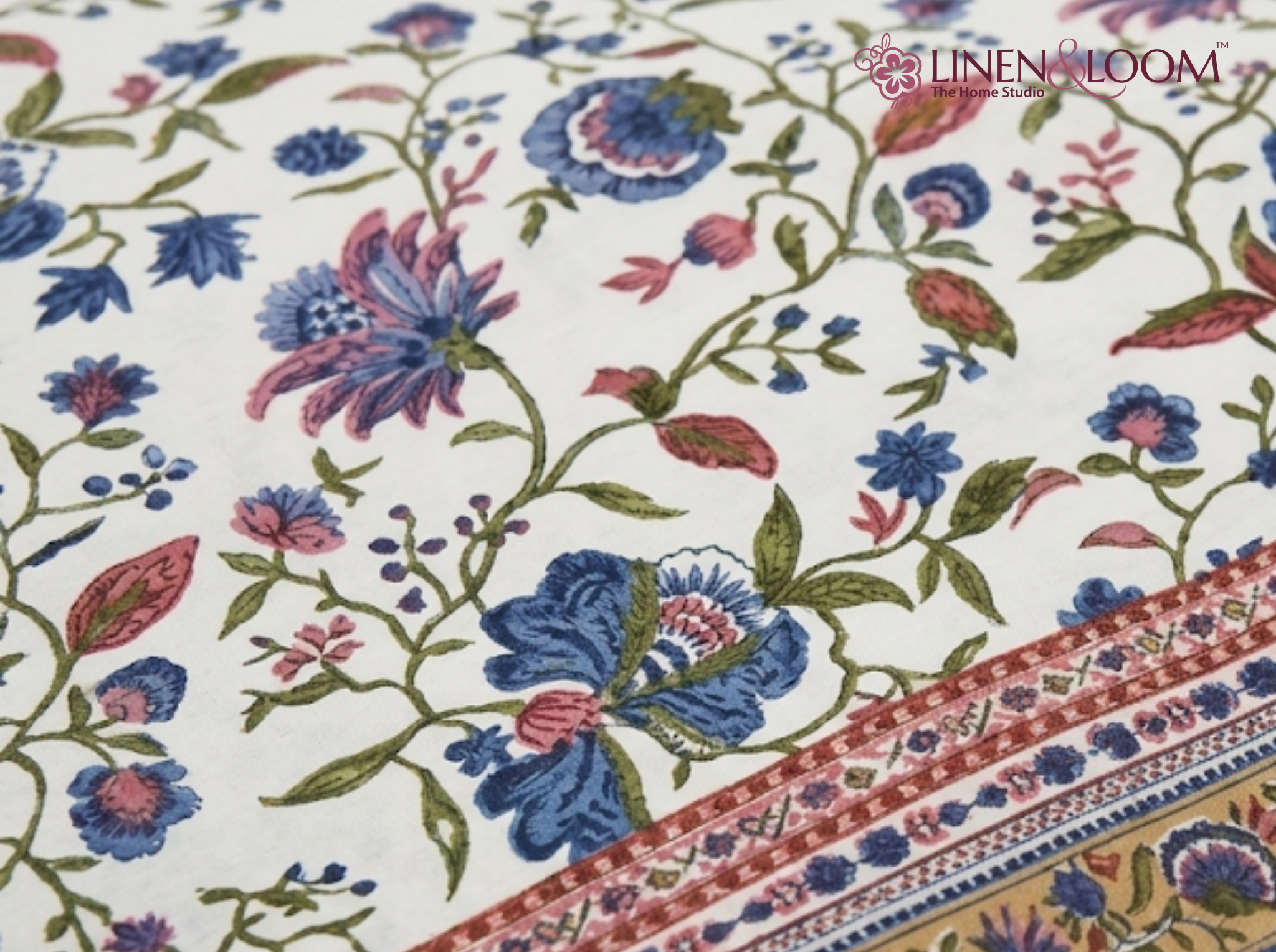 Gulistan Royale - Blue — Linen & Loom Maharani Motifs Premium 100% Pure Cotton King Size (90x108) Double Bed Bedsheet with 2 Pillow Covers || Floral Printed Elegant Bedroom Bedding Set || 240 TC