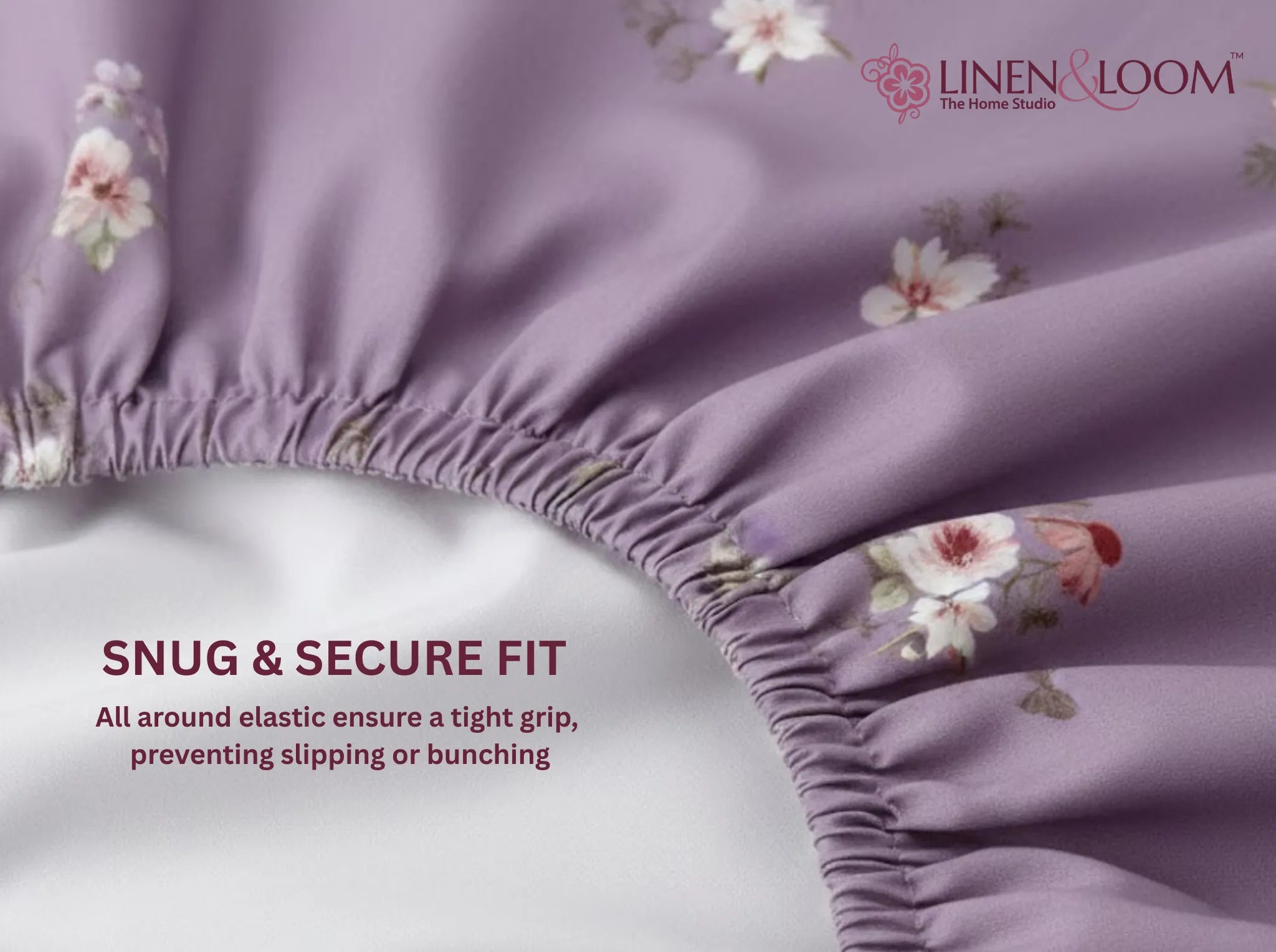 Lilac Petals - Linen & Loom Pure Comfort Series 360° Elastic Fitted Bedsheet | Soft and Comfortable Bed Linen Set for a Cozy Bedroom | 200 TC | King Size 72x78 inches + 9 inches