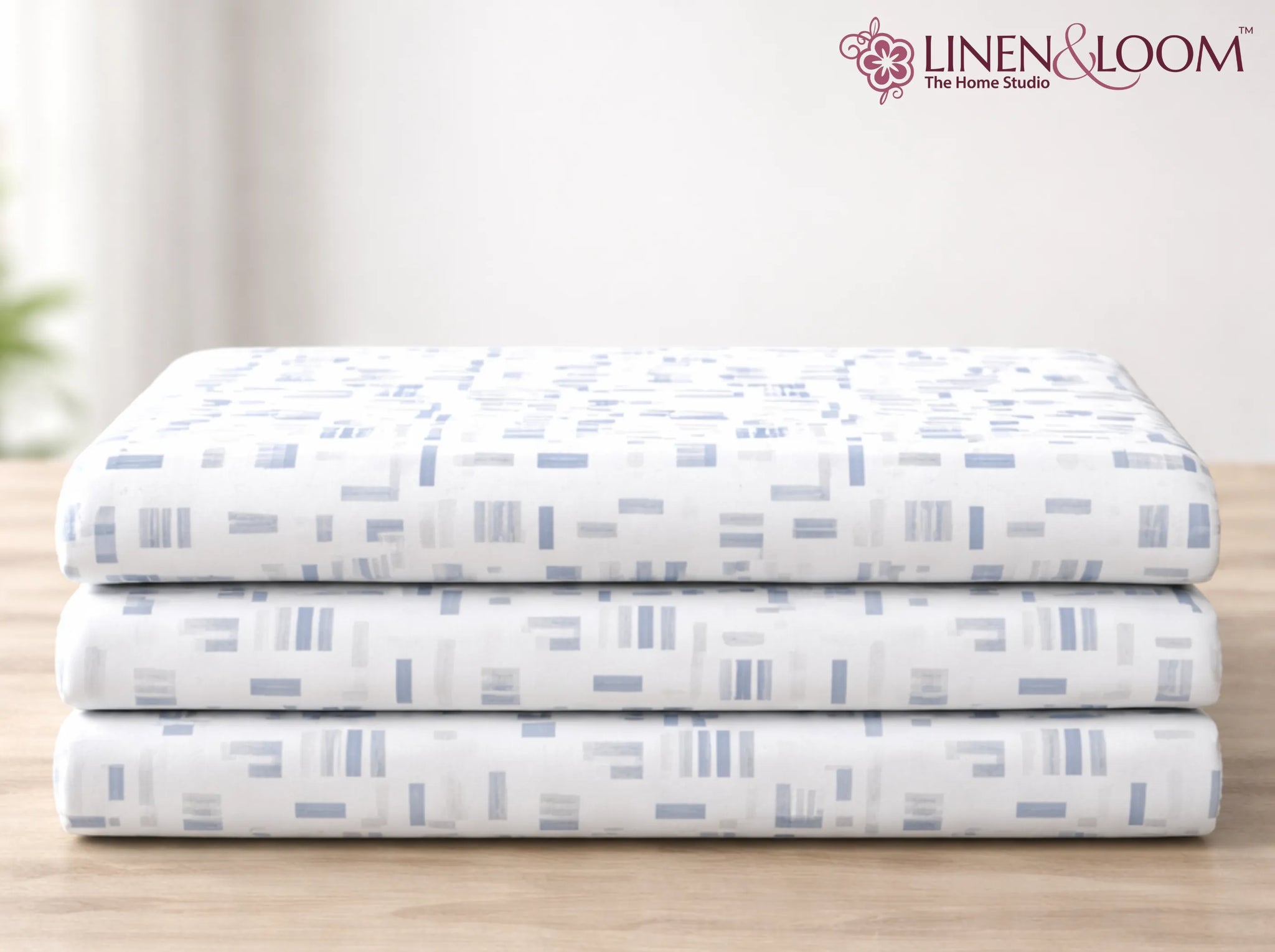 Oxford Pixel – White & Blue - Linen & Loom Serenity Series Super King Size (108x108 inches) Double Bedsheet with 2 Pillow Covers || Soft Breathable Cotton Feel Bedding Set with Elegant Geometric Design || TC 240