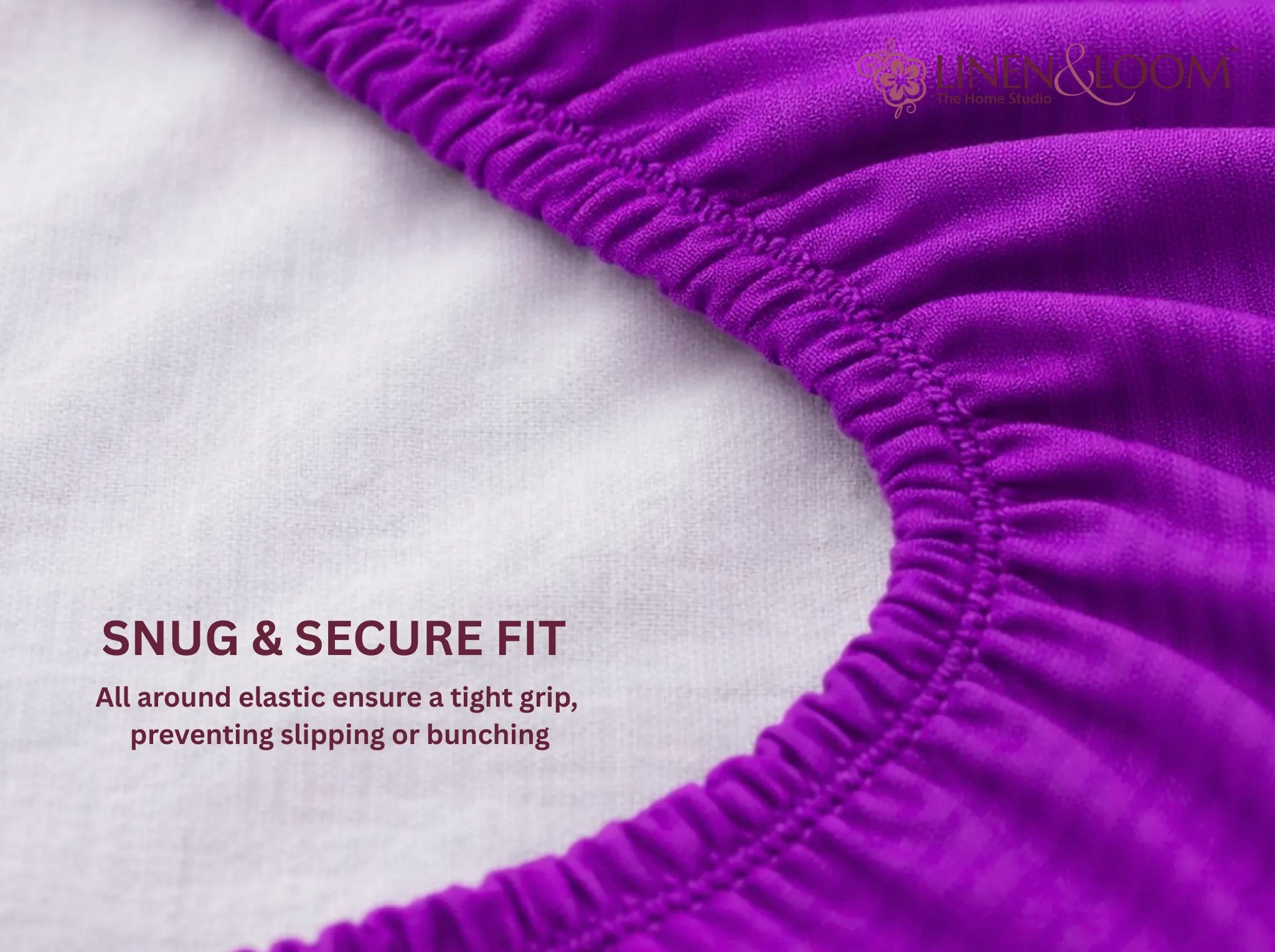 Purple - Linen & Loom Elegance King Size 360° Fitted (72X78 + 9 inches) Elasticated Bedsheet | Elegant Satin Stripes | No-Slip Design | Snug, Secure Grip | Fits Upto 8 Inch Mattress | 200 TC