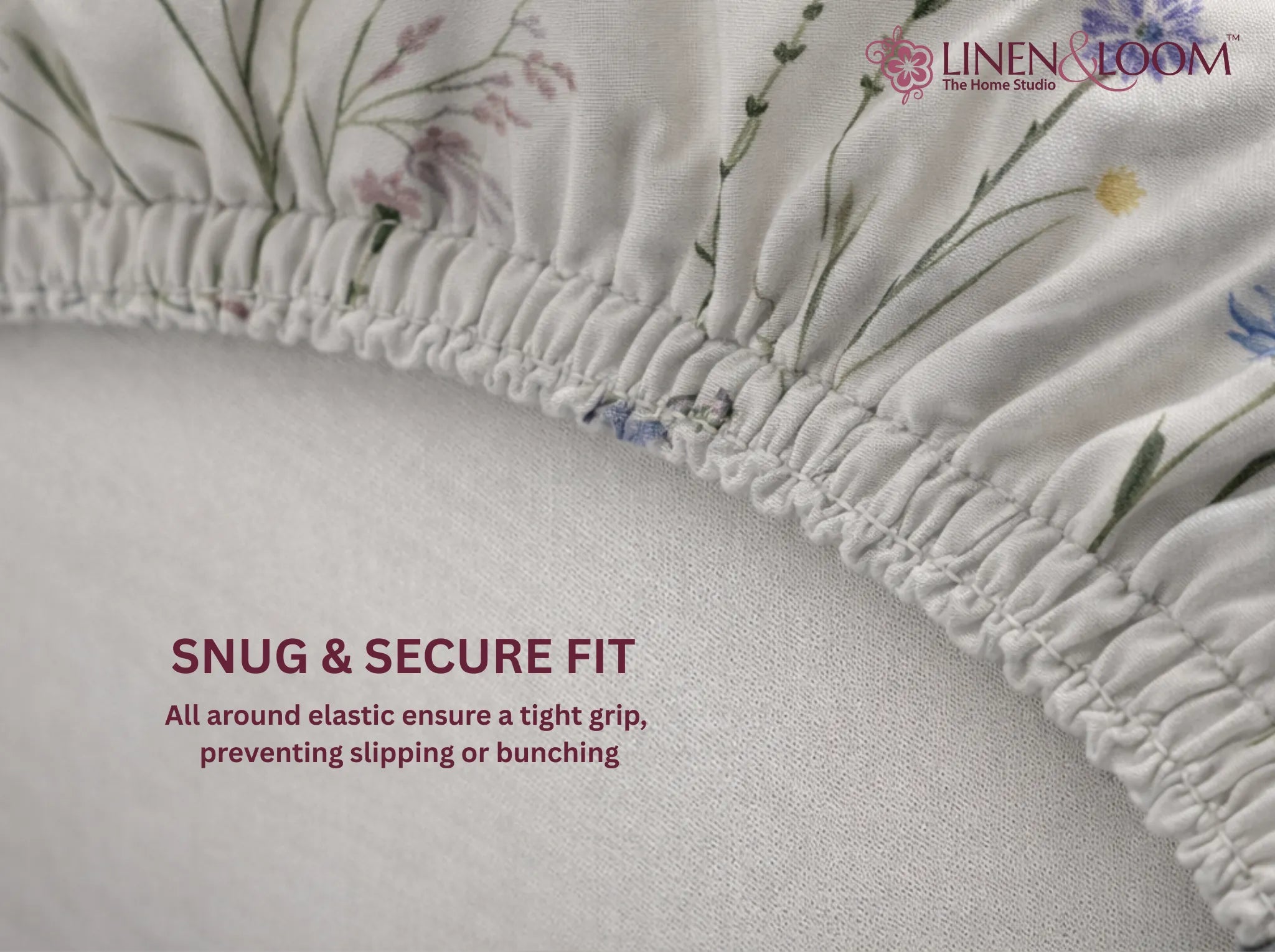 Ivory Wildflower - Linen & Loom Pure Comfort Series 360° Elastic Fitted Bedsheet | Soft and Comfortable Bed Linen Set for a Cozy Bedroom | 200 TC | King Size 72x78 inches + 9 inches