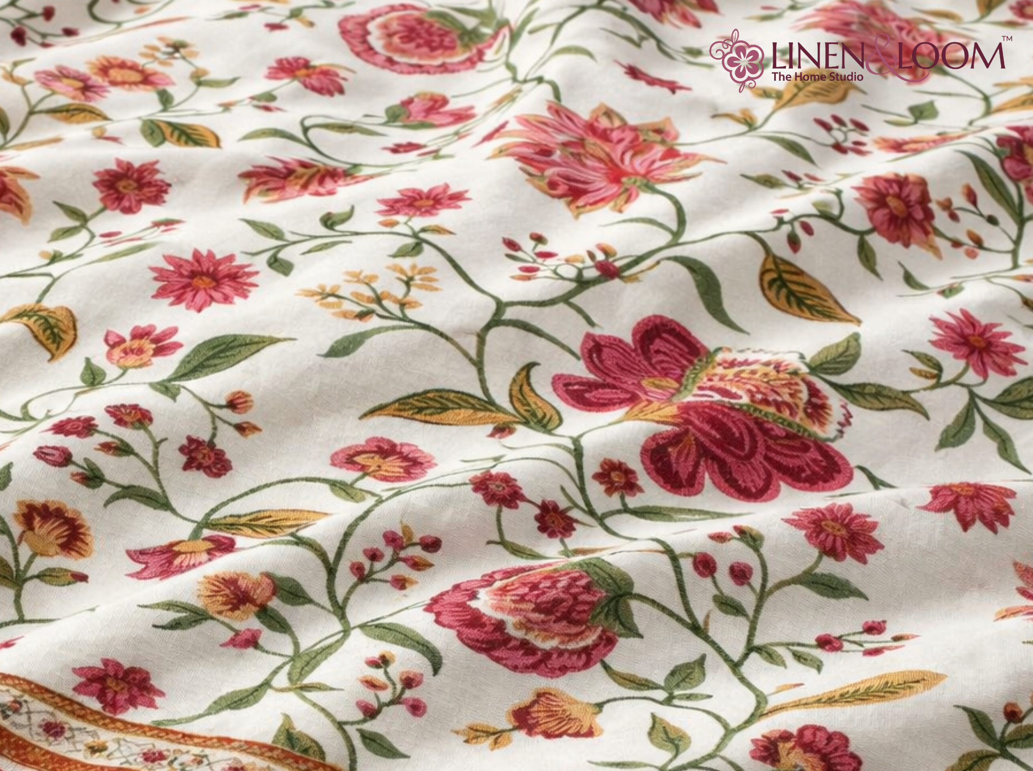 Gulistan Royale - Red — Linen & Loom Maharani Motifs Premium 100% Pure Cotton King Size (90x108) Double Bed Bedsheet with 2 Pillow Covers || Floral Printed Elegant Bedroom Bedding Set || 240 TC