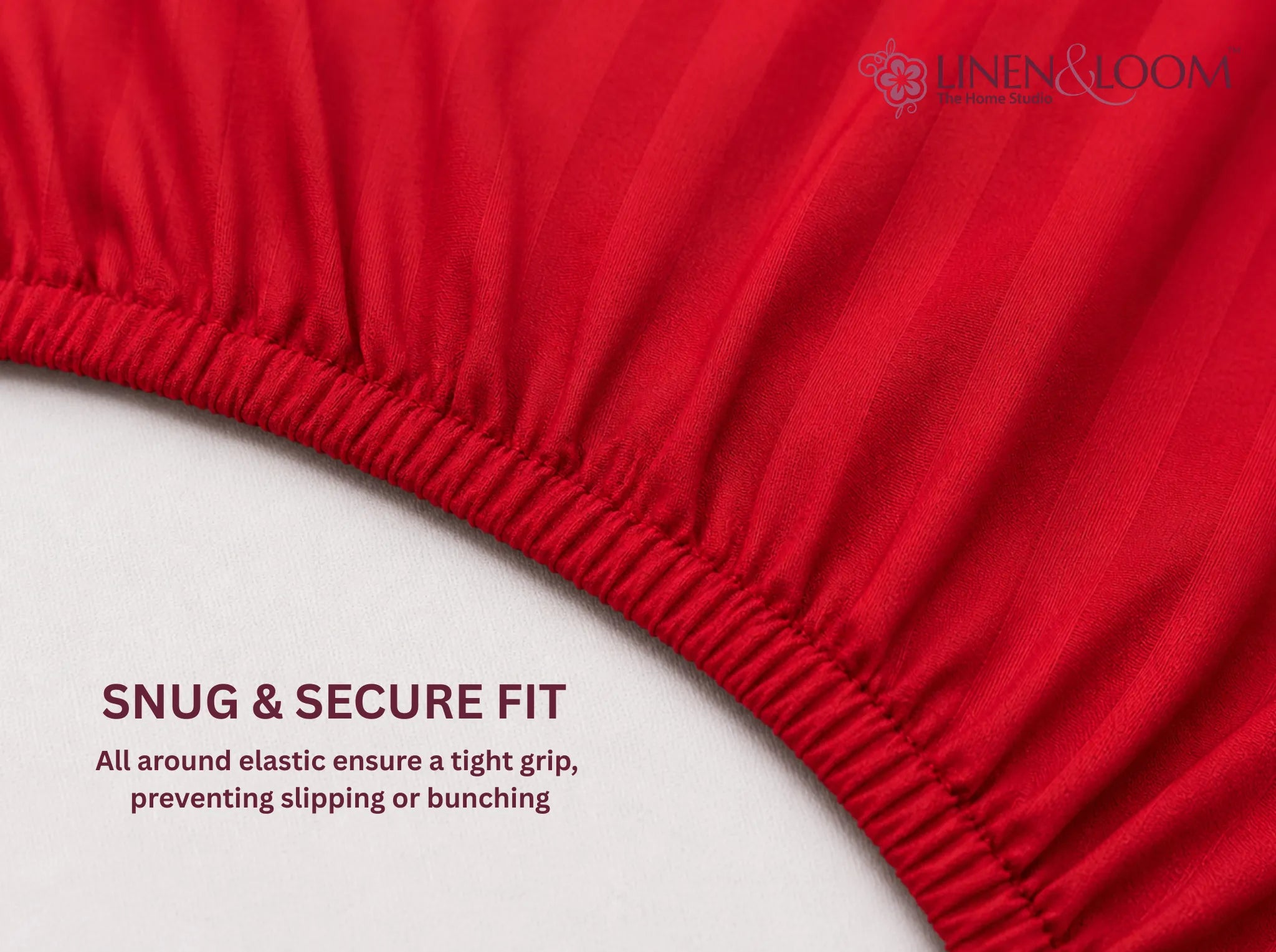 Bright Red - Linen & Loom Elegance King Size 360° Fitted (72X78 + 9 inches) Elasticated Bedsheet | Elegant Satin Stripes | No-Slip Design | Snug, Secure Grip | Fits Upto 8 Inch Mattress | 200 TC