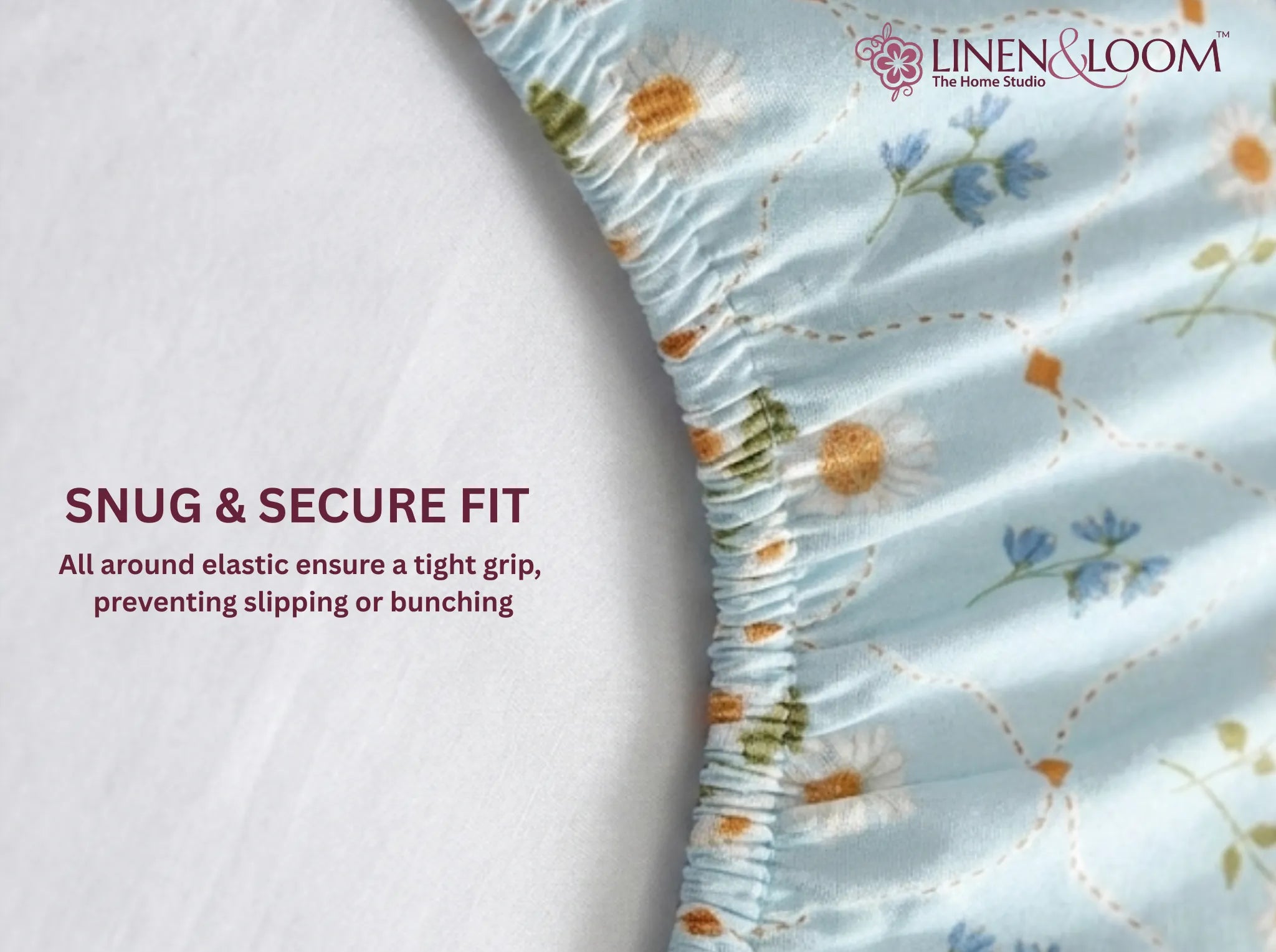 Daisy Dream - Linen & Loom Pure Comfort Series 360° Elastic Fitted Bedsheet | Soft and Comfortable Bed Linen Set for a Cozy Bedroom | 200 TC | King Size 72x78 inches + 9 inches