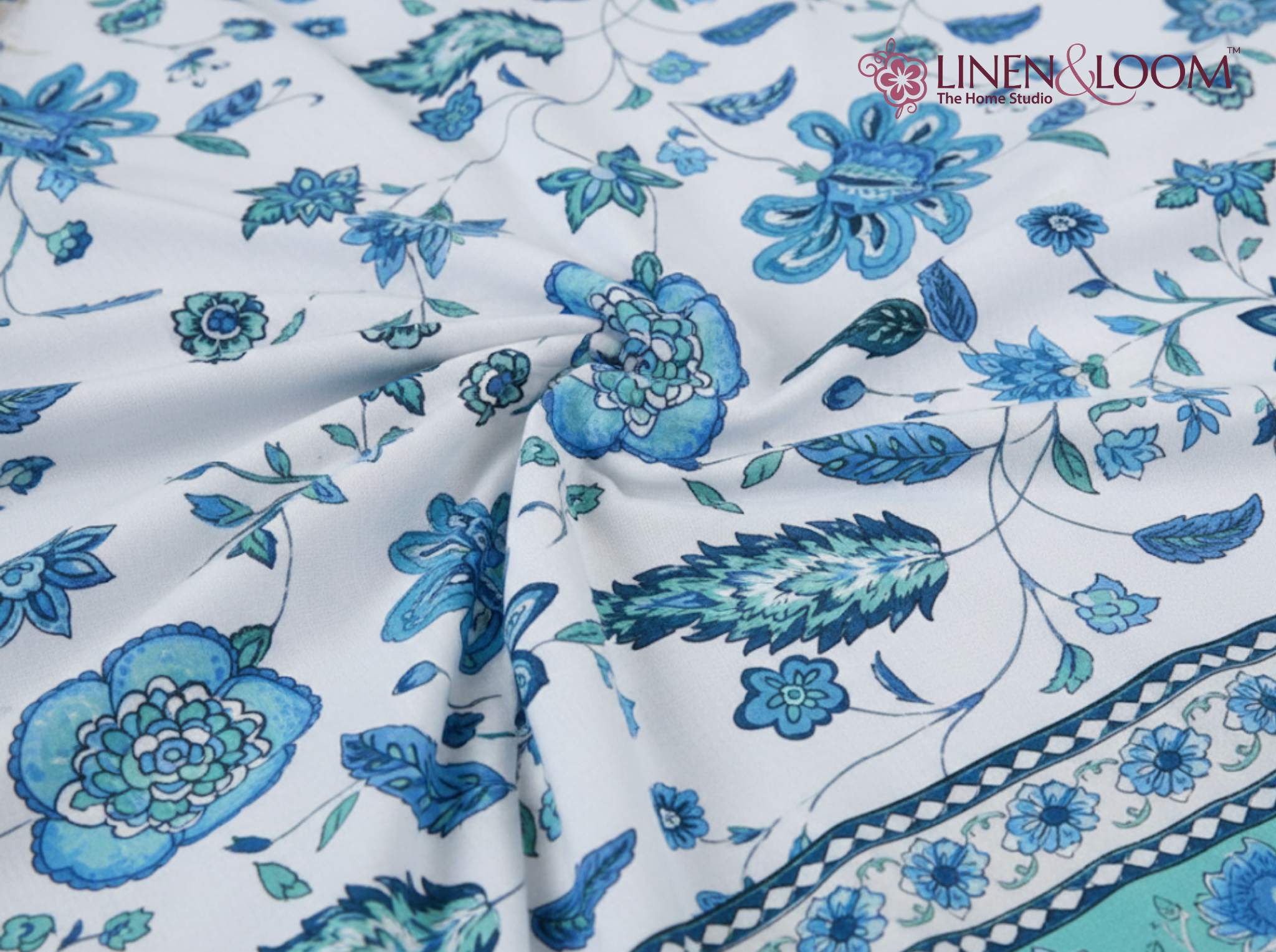 Floral Darbar-Blue — Linen & Loom Maharani Motifs Premium 100% Pure Cotton King Size (90x108) Double Bed Bedsheet with 2 Pillow Covers || Floral Printed Elegant Bedroom Bedding Set || 240 TC