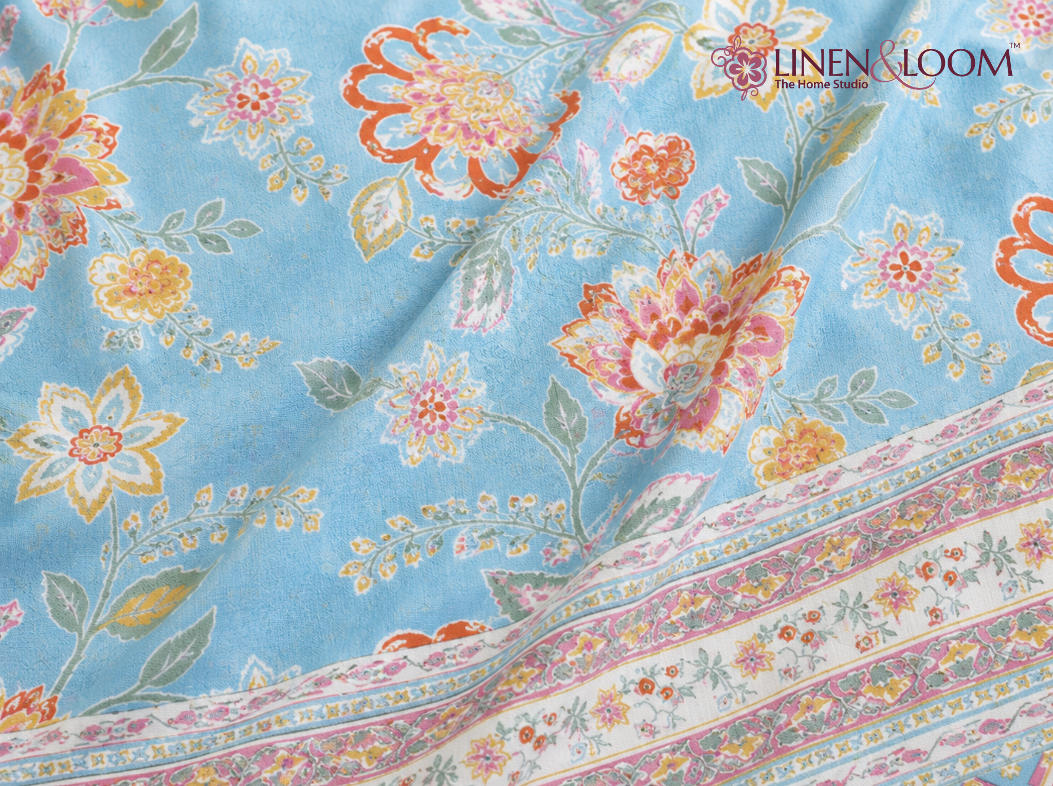Signature Flora-Blue — Linen & Loom Jaipur Heritage Super King Size (108 x 108 inches) 100% Pure Cotton Bedsheet with 2 Pillow Covers | Soft & Breathable Bed Cover for Home Decor | 240 TC