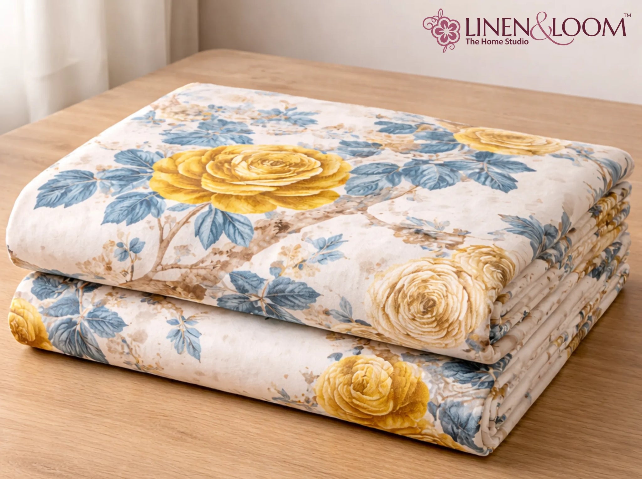 Blueleaf Blossom - Linen & Loom Natural Collection - Super King (100x108) 100% Pure Cotton Bedsheet with 2 Pillow Covers | Soft Breathable Bedspread for Home Decor | TC 240