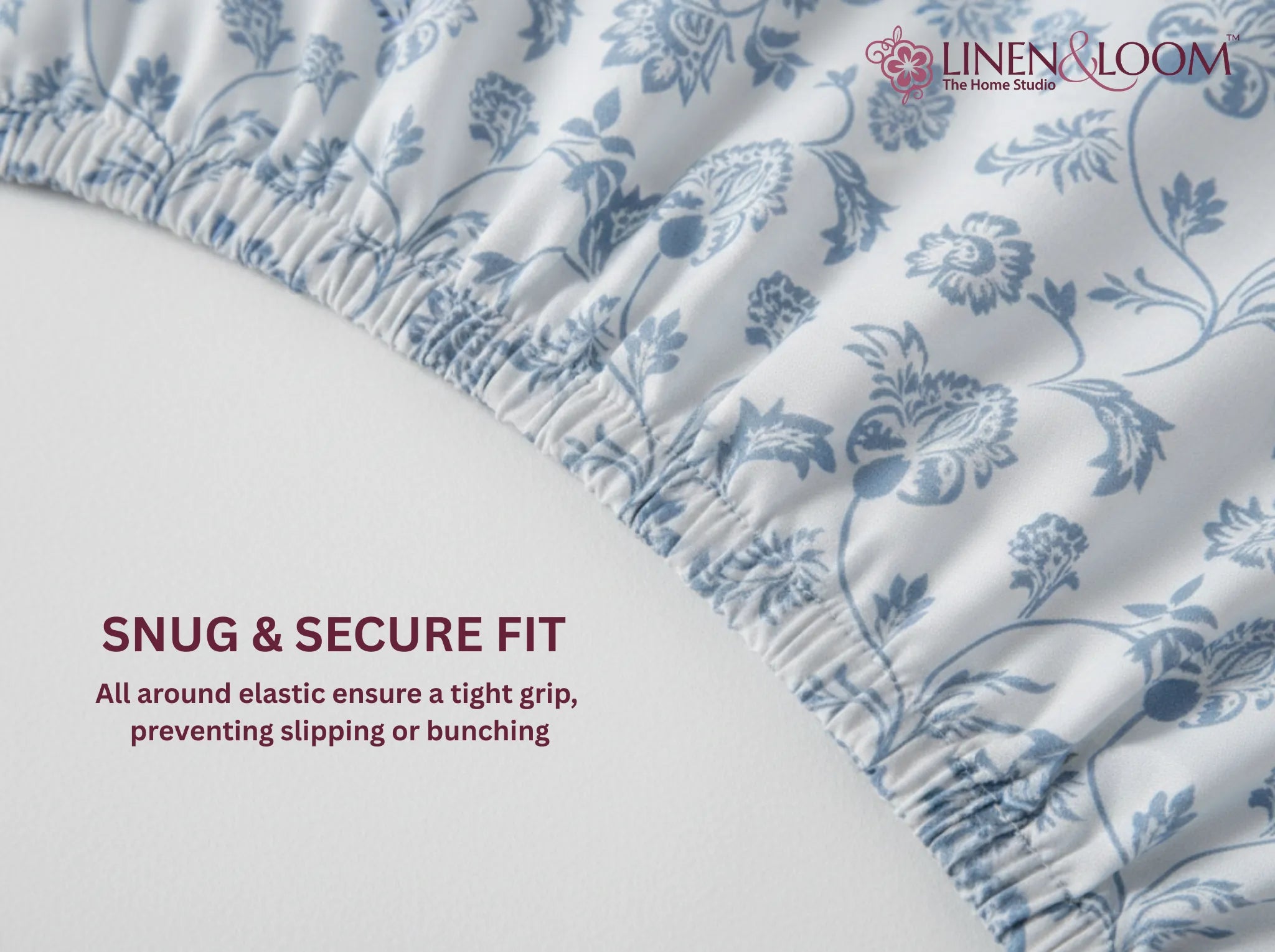 Bluebell Whisper - Linen & Loom Pure Comfort Series 360° Elastic Fitted Bedsheet | Soft and Comfortable Bed Linen Set for a Cozy Bedroom | 200 TC | King Size 72x78 inches + 9 inches
