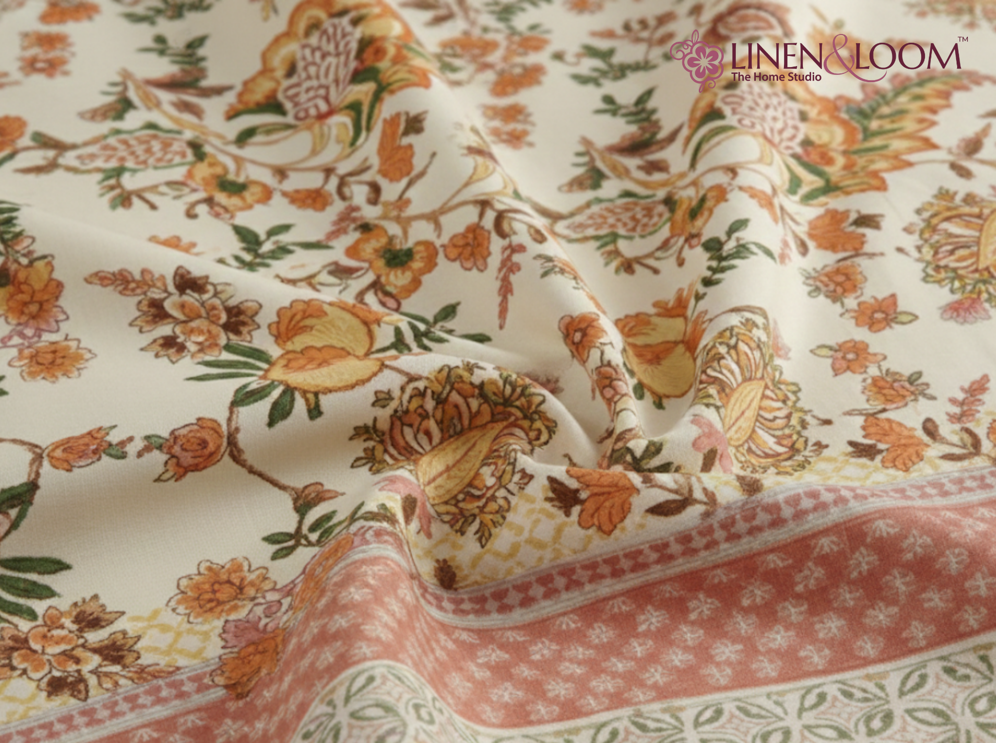 Gul Rosé-Peach — Linen & Loom Maharani Motifs Premium 100% Pure Cotton King Size (90x108) Double Bed Bedsheet with 2 Pillow Covers || Floral Printed Elegant Bedroom Bedding Set || 240 TC