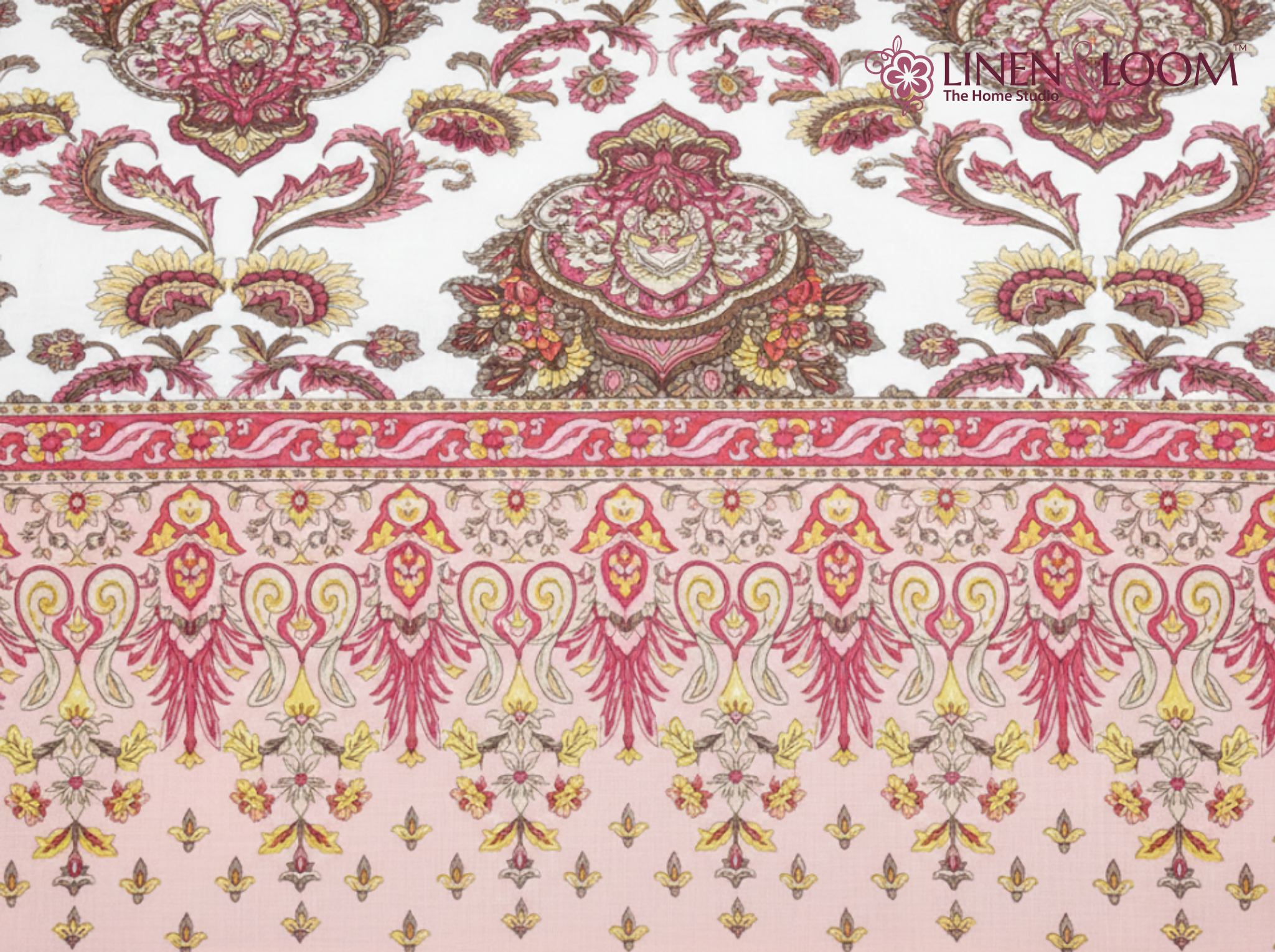 Maharani Muse-Peach — Linen & Loom Maharani Motifs Premium 100% Pure Cotton King Size (90x108) Double Bed Bedsheet with 2 Pillow Covers || Floral Printed Elegant Bedroom Bedding Set || 240 TC