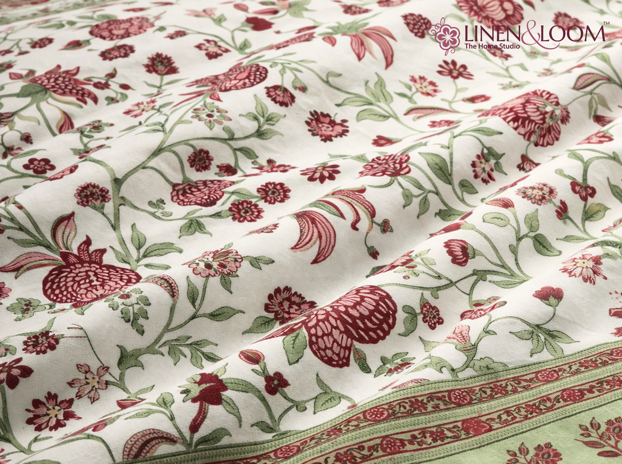 Firdaus Heritage - Red — Linen & Loom Maharani Motifs Premium 100% Pure Cotton King Size (90x108) Double Bed Bedsheet with 2 Pillow Covers || Floral Printed Elegant Bedroom Bedding Set || 240 TC