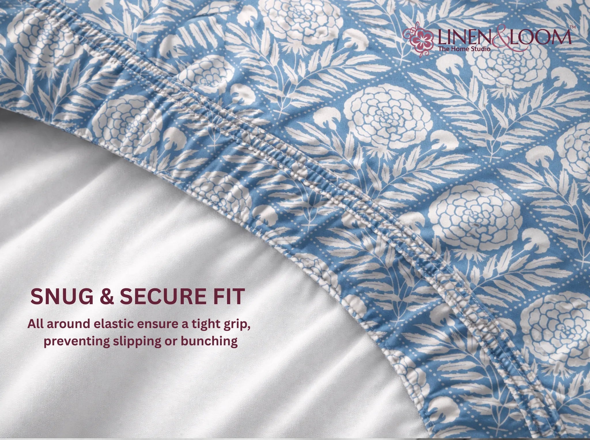 Ivory Indigo - Linen & Loom Pure Comfort Series 360° Elastic Fitted Bedsheet | Soft and Comfortable Bed Linen Set for a Cozy Bedroom | 200 TC | King Size 72x78 inches + 9 inches
