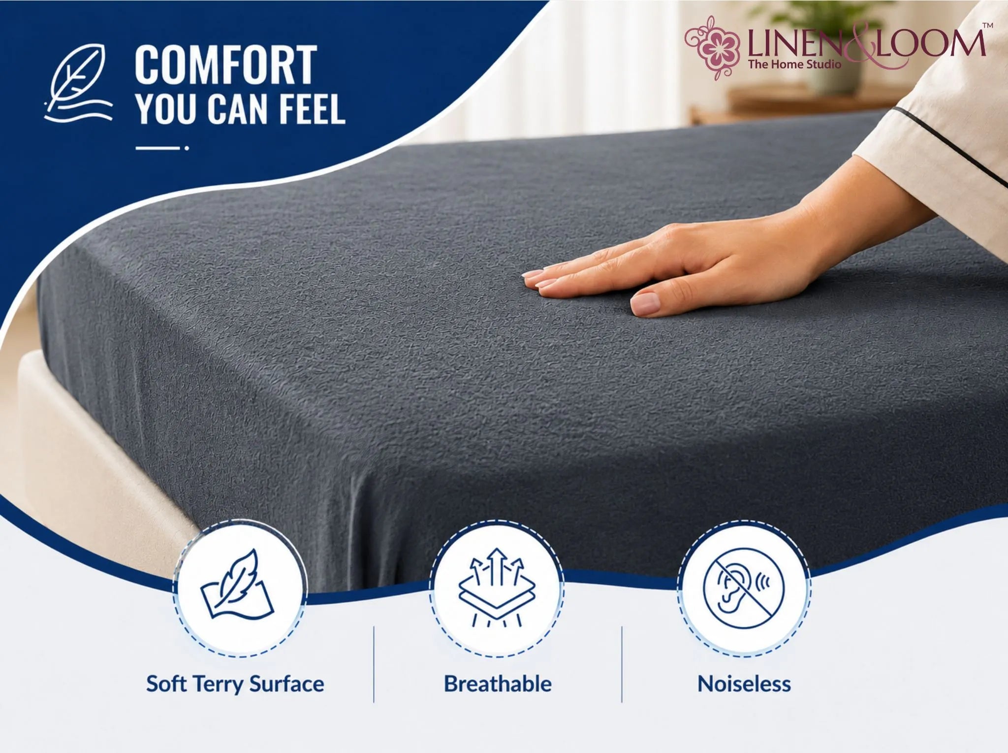 Grey - Linen & Loom Premium Mattress Protector | Queen Size (60 x 78 Inches) | Waterproof Fitted Mattress Cover