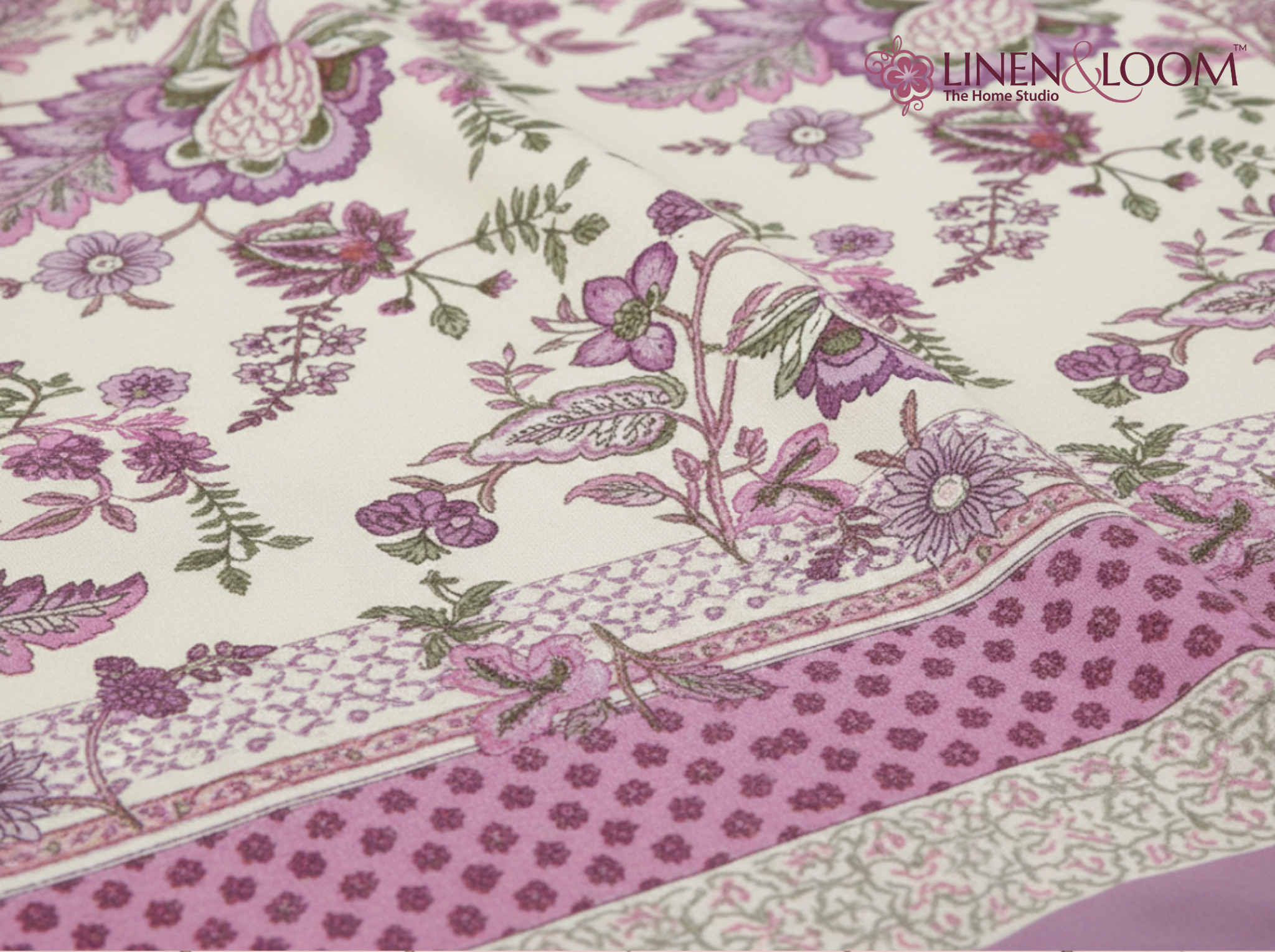 Gul Rosé-Lilac — Linen & Loom Maharani Motifs Premium 100% Pure Cotton King Size (90x108) Double Bed Bedsheet with 2 Pillow Covers || Floral Printed Elegant Bedroom Bedding Set || 240 TC