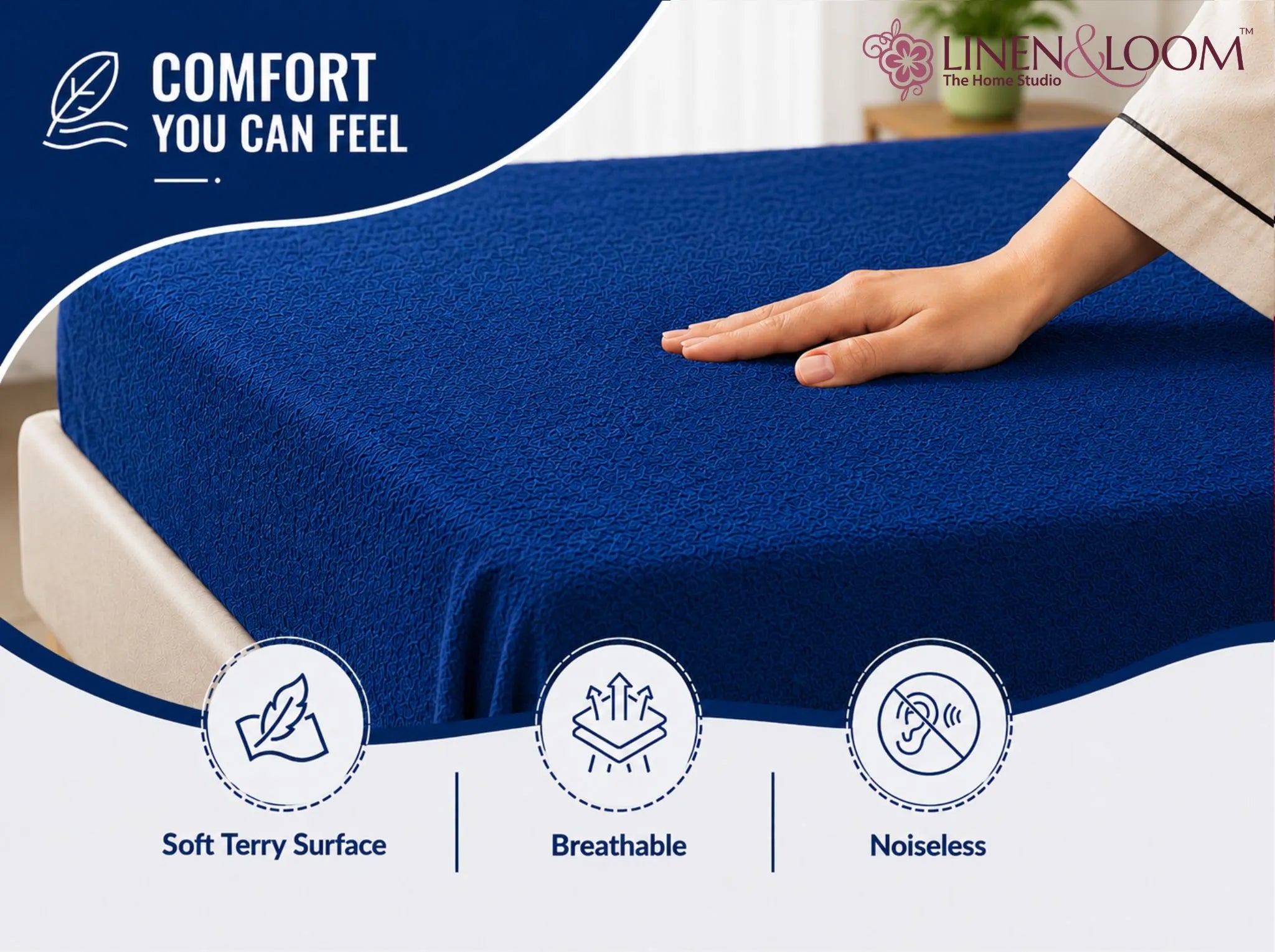 Navy Blue - Linen & Loom Premium Mattress Protector | Single Size (48 x 78 Inches) | Waterproof Fitted Mattress Cover