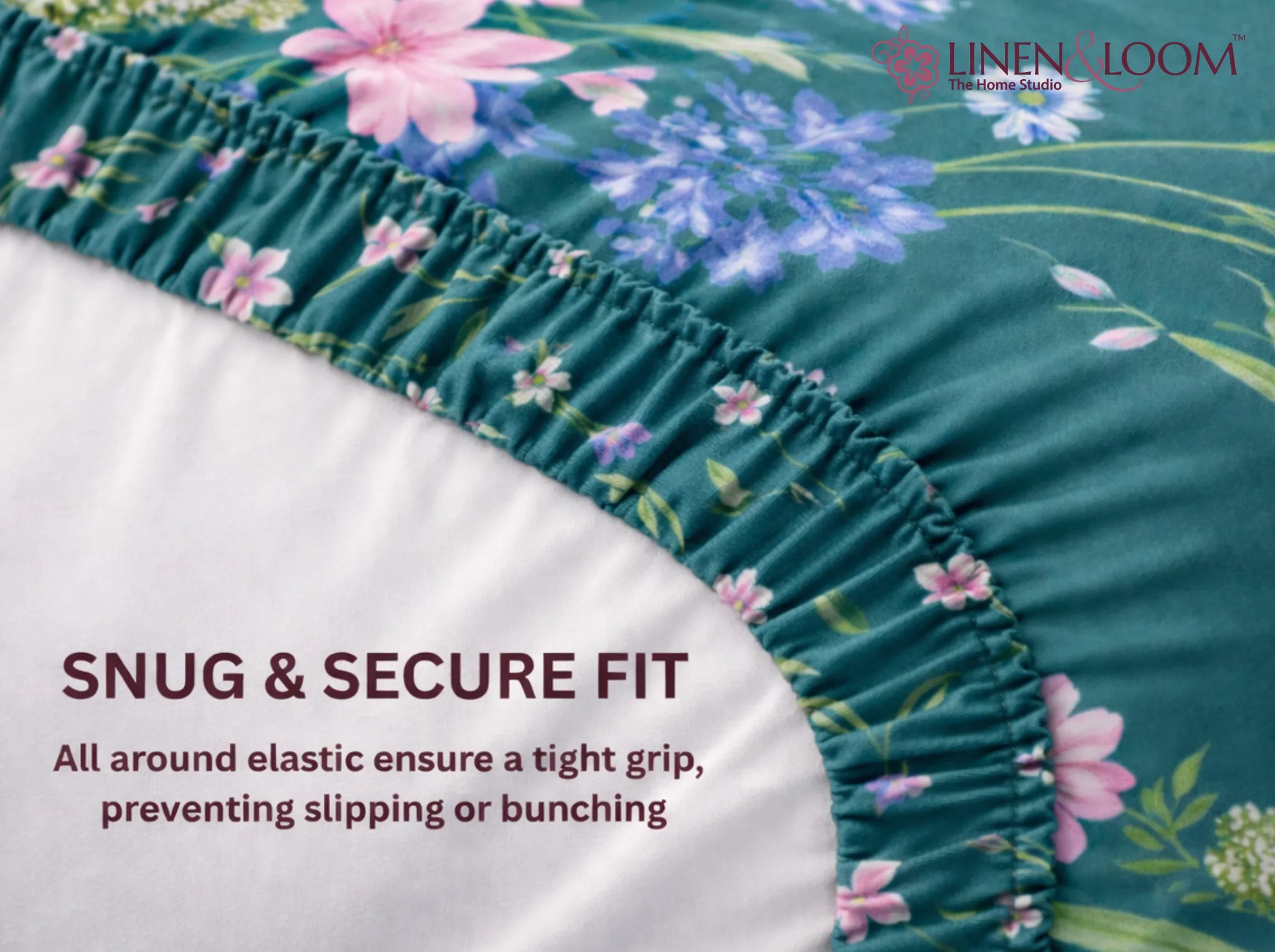 Midnight Meadow - Linen & Loom Pure Comfort Series 360° Elastic Fitted Bedsheet | Soft and Comfortable Bed Linen Set for a Cozy Bedroom | 200 TC | King Size 72x78 inches + 9 inches