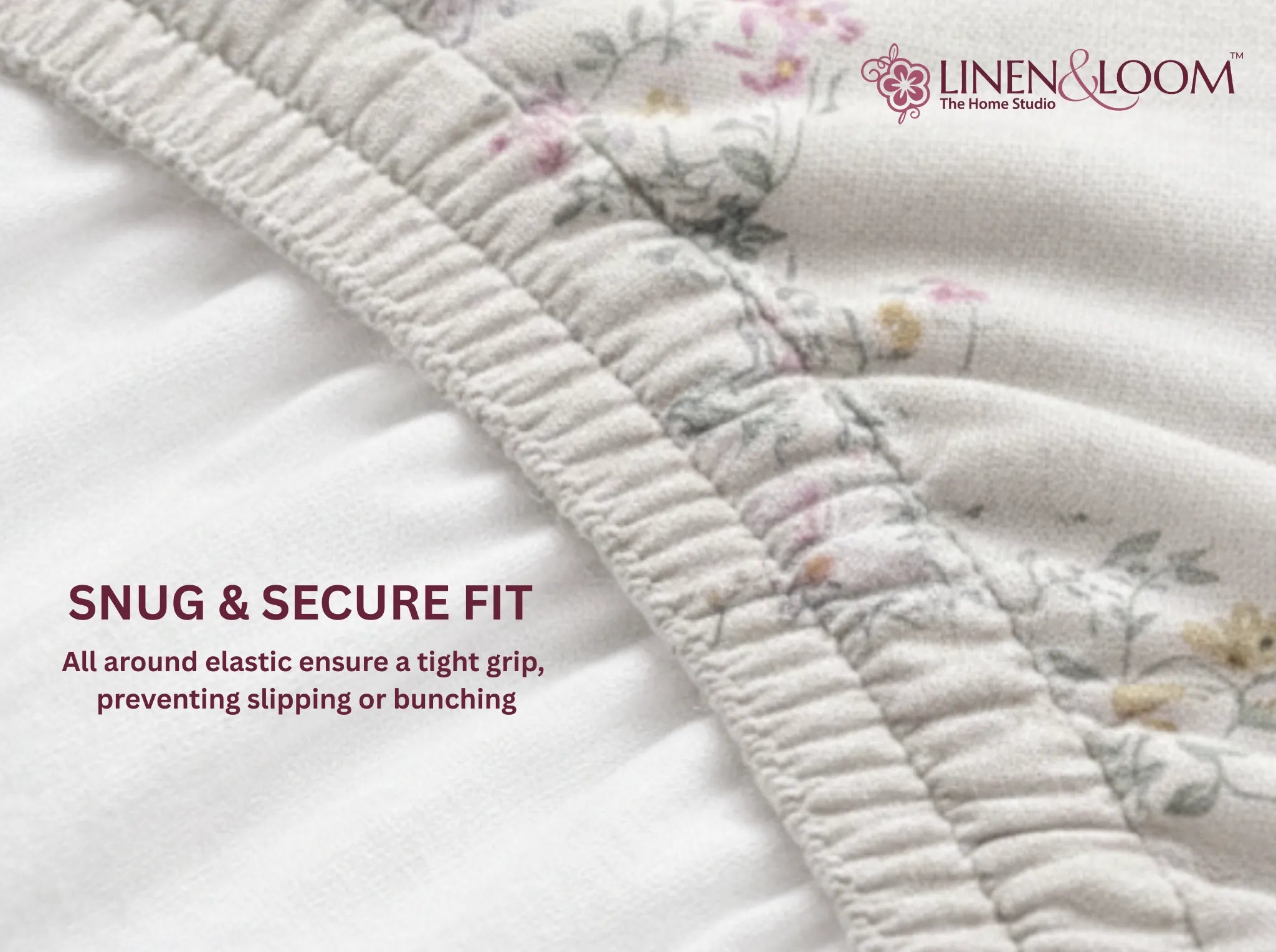 Porcelain Petals - Linen & Loom Pure Comfort Series 360° Elastic Fitted Bedsheet | Soft and Comfortable Bed Linen Set for a Cozy Bedroom | 200 TC | King Size 72x78 inches + 9 inches