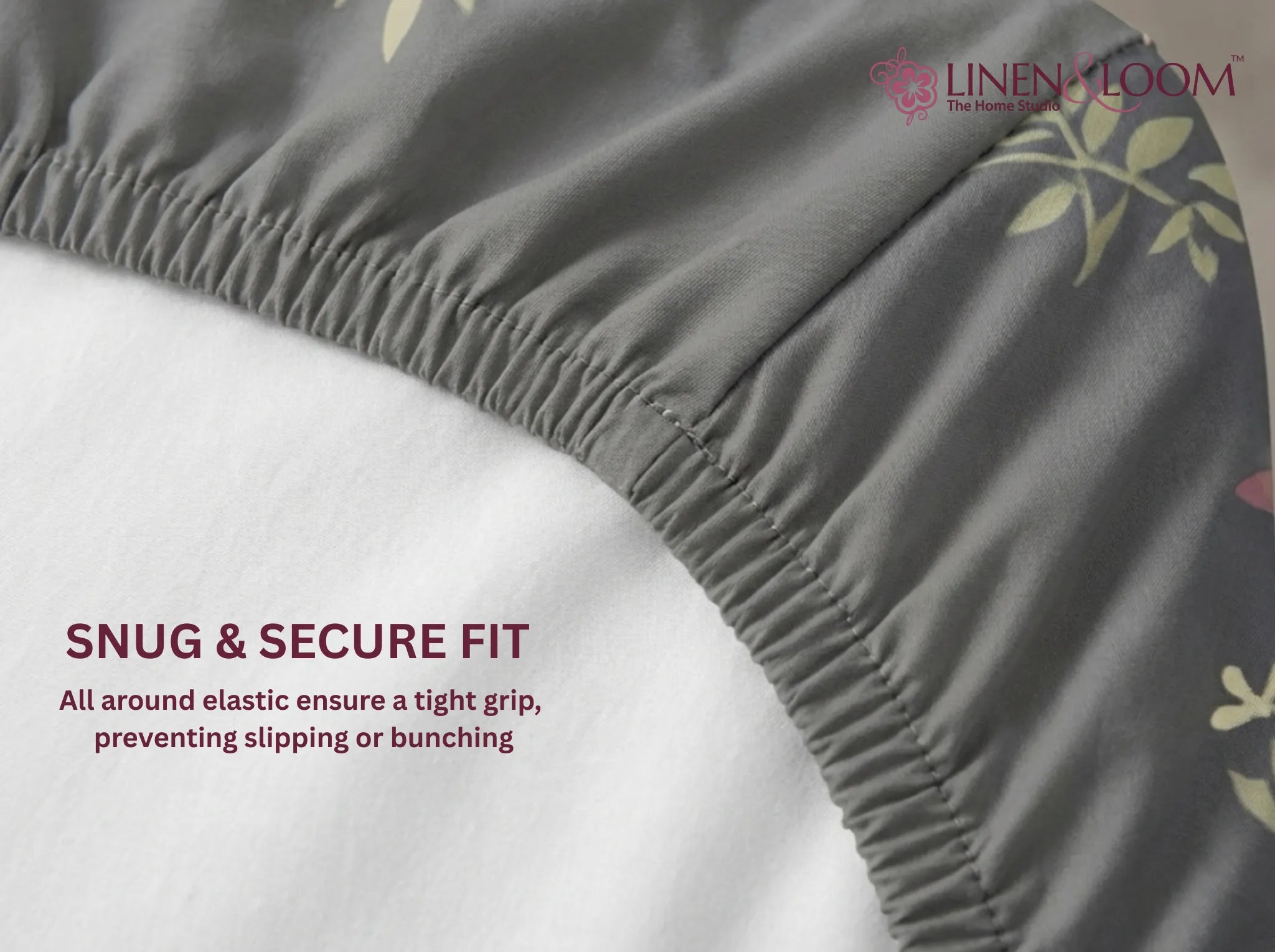 Midnight Sprig - Linen & Loom Pure Comfort Series 360° Elastic Fitted Bedsheet | Soft and Comfortable Bed Linen Set for a Cozy Bedroom | 200 TC | King Size 72x78 inches + 9 inches